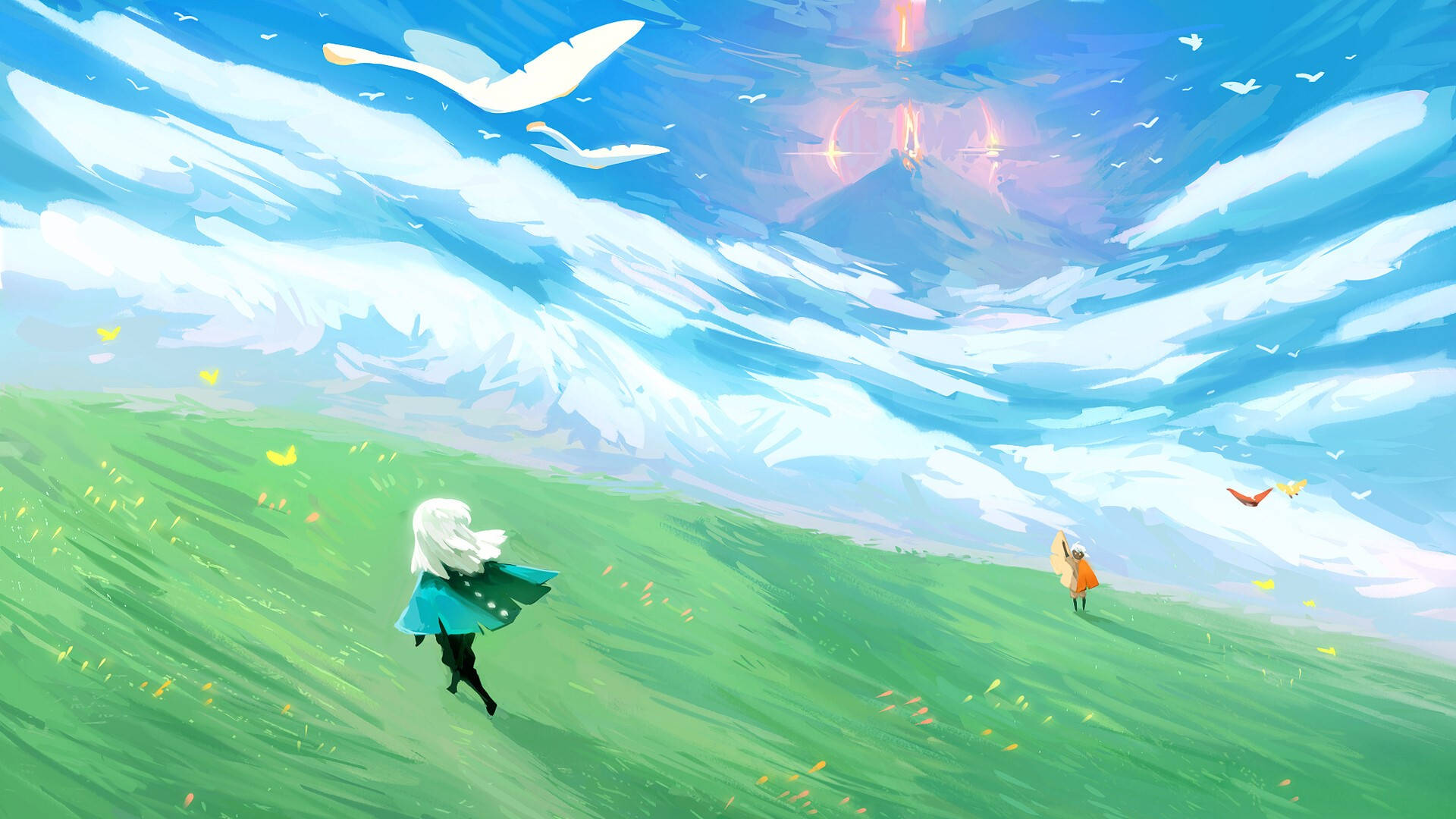 Painting 桌布 壁紙 — 一個孤獨的白髮人物在充滿活力的綠色田野上奔跑，天空是動態的藍色，有飛翔的鳥類和遠處發光的山脈。