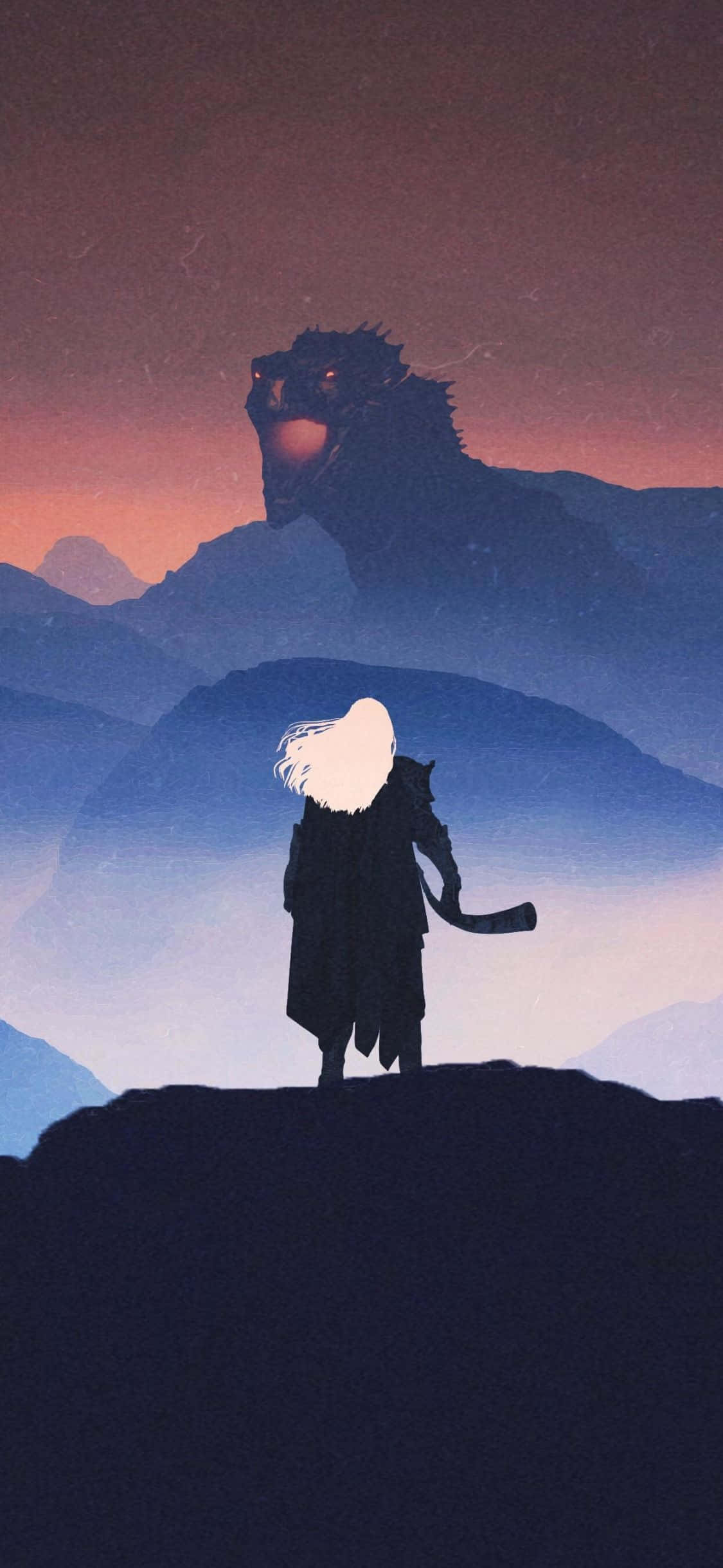Game Of Thrones iPhone 桌布 壁紙 — 一個孤獨的白髮人物站在懸崖頂上，面對著暮色天空中一條巨大的龍影。