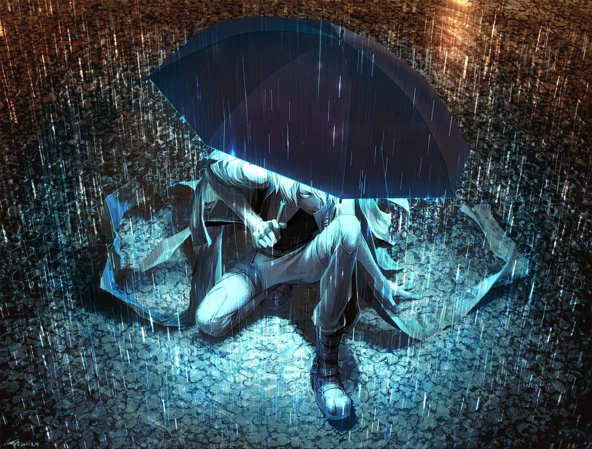 動漫 桌布 壁紙 — 一個孤獨的白髮動漫人物在滂沱大雨中蜷縮在黑色雨傘下，坐在濕漉漉的鵝卵石街道上。