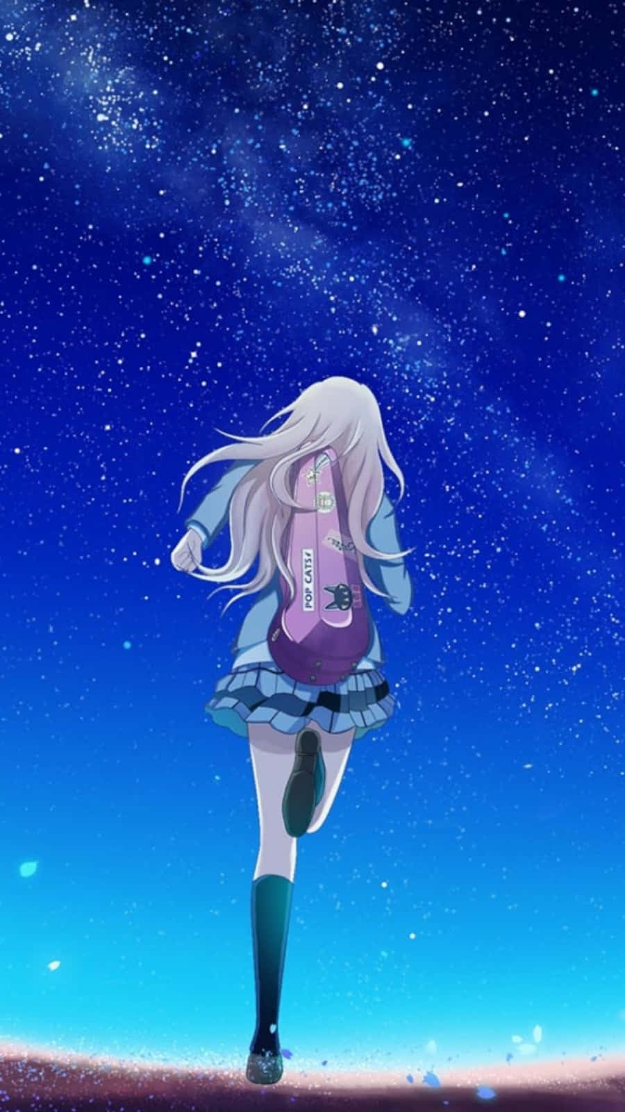 動漫 桌布 壁紙 — 一個孤獨的白髮動漫女孩在充滿活力的星空下奔跑，手持紫色小提琴。