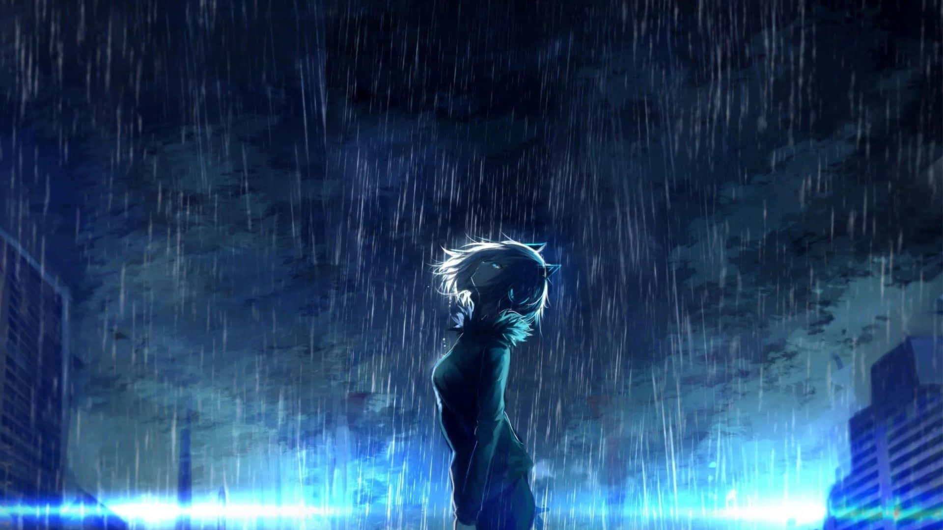 白發動漫女孩在夜間都市的霓虹藍光下站在雨中。 — 下雨 GIF 壁紙