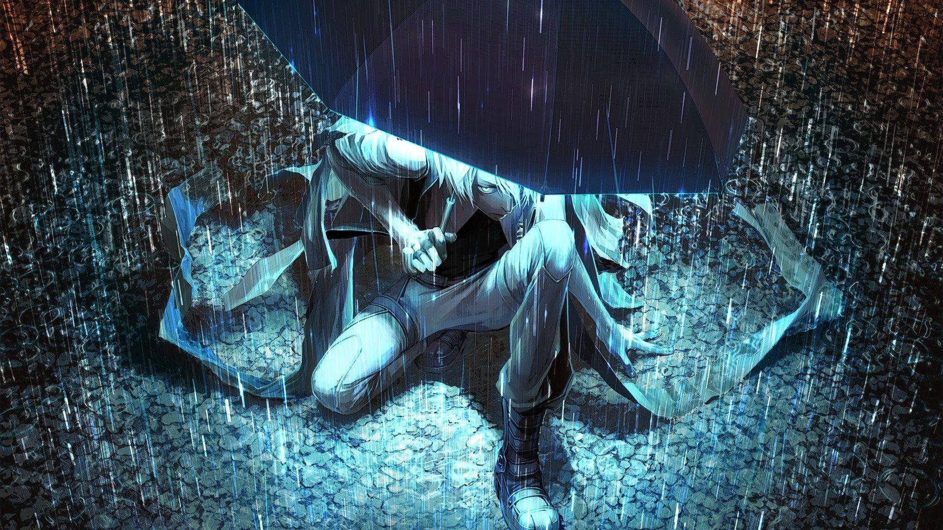  壁紙 — 一個孤獨的白髮動漫女孩蜷縮在黑色雨傘下，身處傾盆大雨中，她的外套濕透，雨滴在鵝卵石地面上劃過。