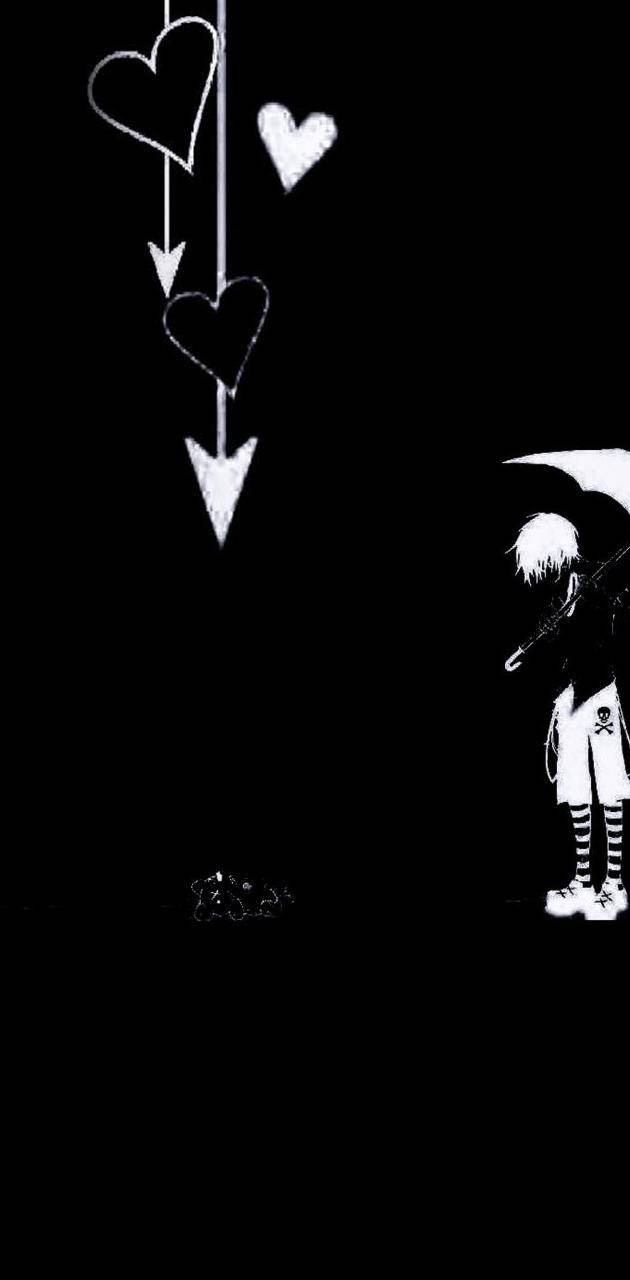 白發動漫角色在落下的心形和箭矢下撐傘。 — Emo 美學 GIF 壁紙