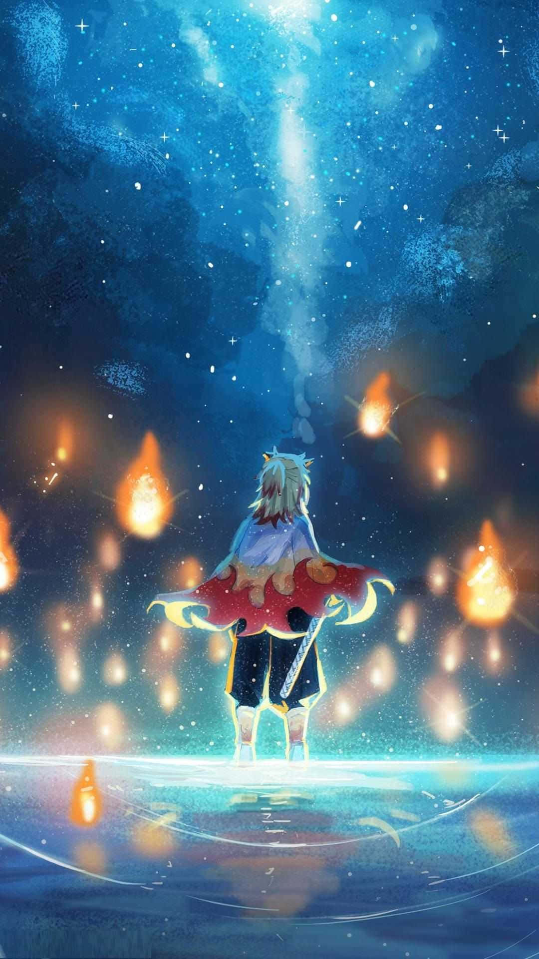 Rengoku Aesthetic 桌布 壁紙 — 一個孤獨的白髮動漫角色站在發光的平台上，在繁星點點的藍天下，周圍漂浮著橙色的火焰。