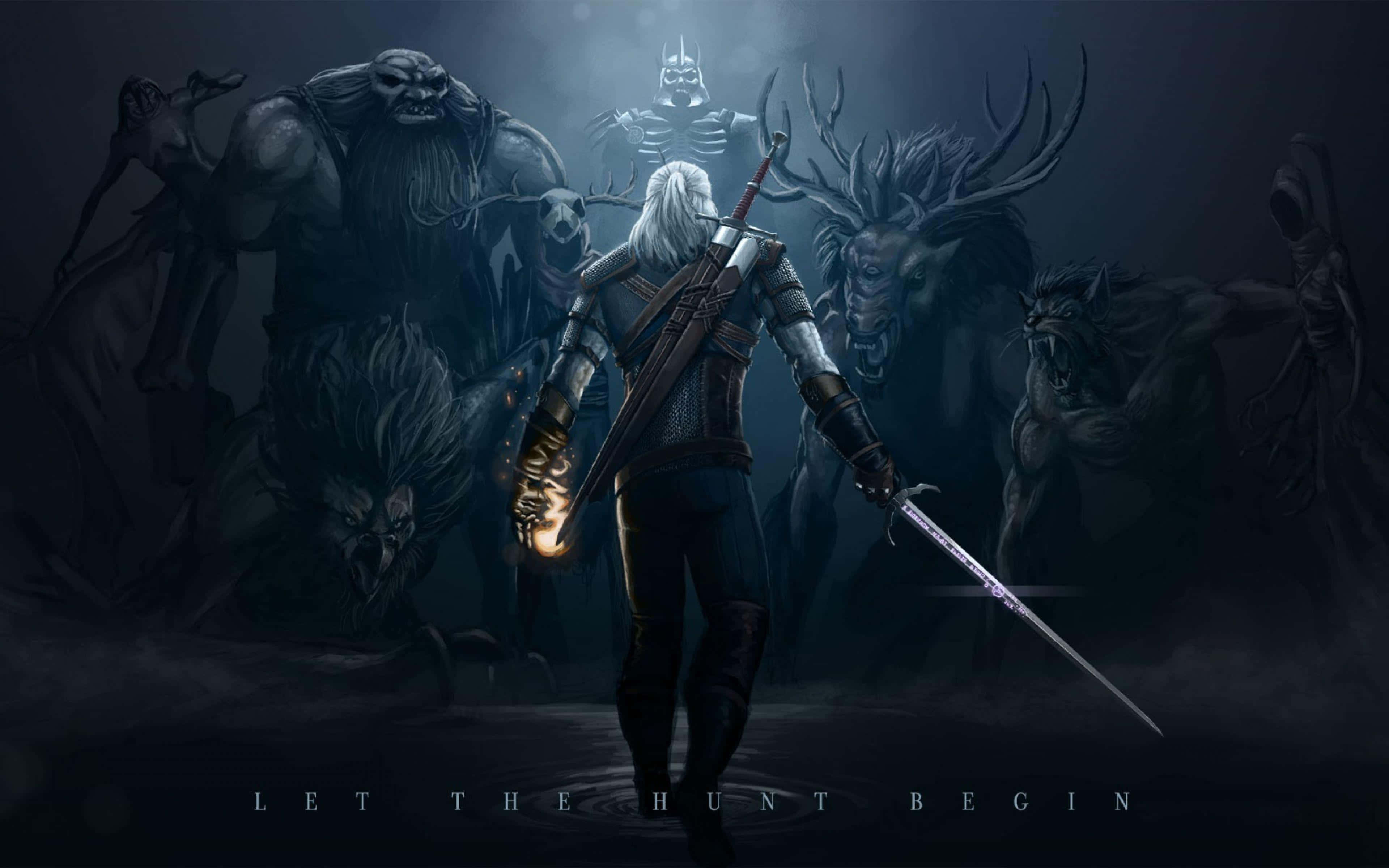 The Witcher 3 Wild Hunt 桌布 壁紙 — 一個孤獨的白髮戰士背光站立，手持發光球體和劍，面對著一個由黑暗奇幻怪物組成的威脅性圓圈，身處迷霧籠罩、陰影重重的領域。
