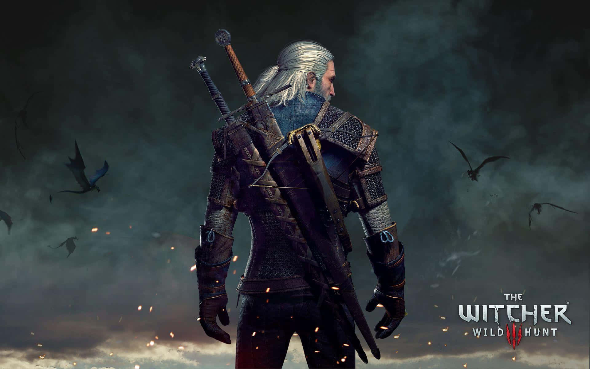 The Witcher 3 Wild Hunt 桌布 壁紙 — 一個孤獨的白髮戰士身穿暗色盔甲，在暴風雨的天空下背光而立，蝙蝠在他周圍飛舞，火花四濺。
