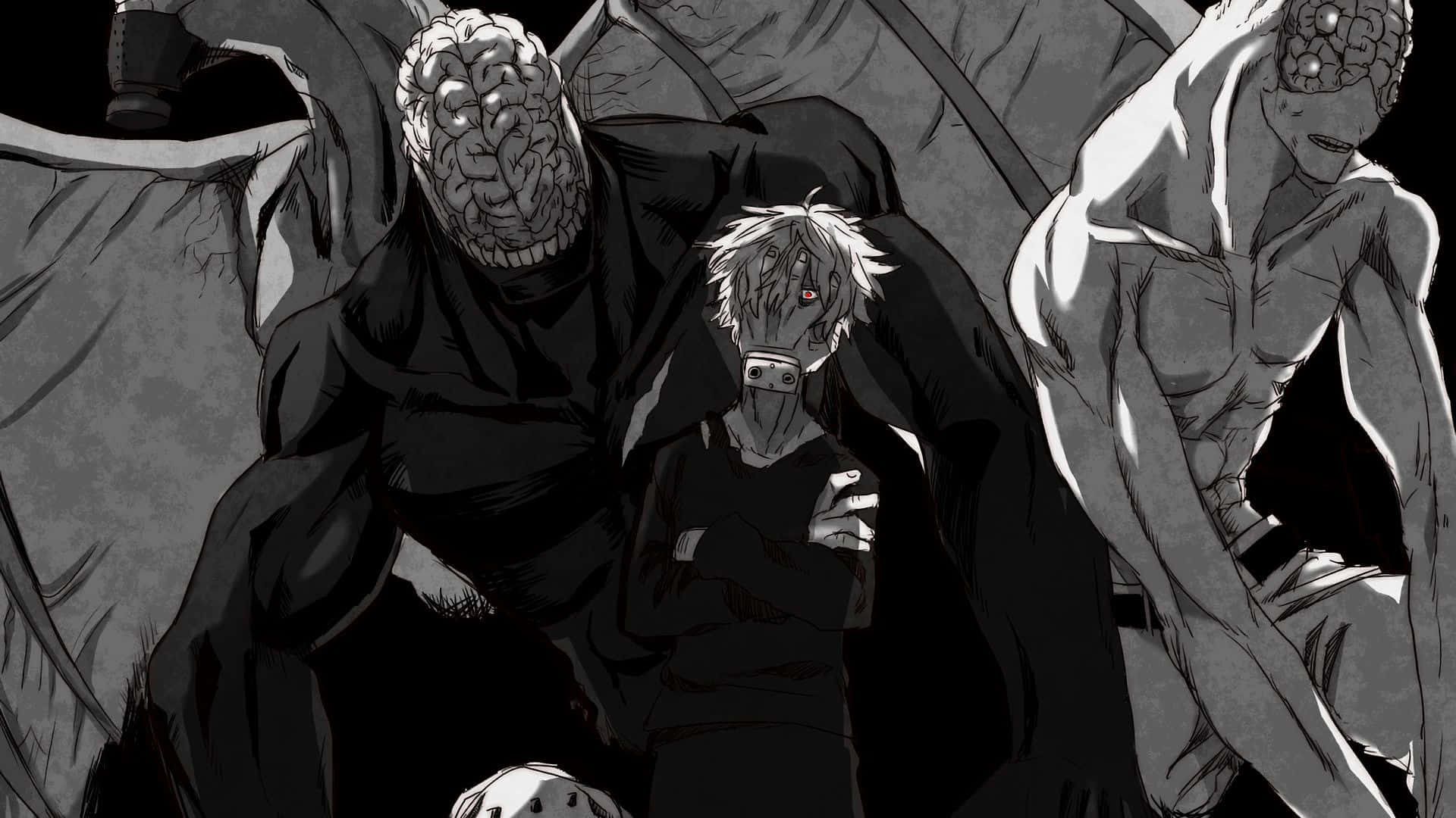 Tomura Shigaraki 桌布 壁紙 — 一個孤獨的白髮紅眼動漫角色，在鮮明的黑白場景中，挑釁地站在兩個怪物般的腦臉人物之間。