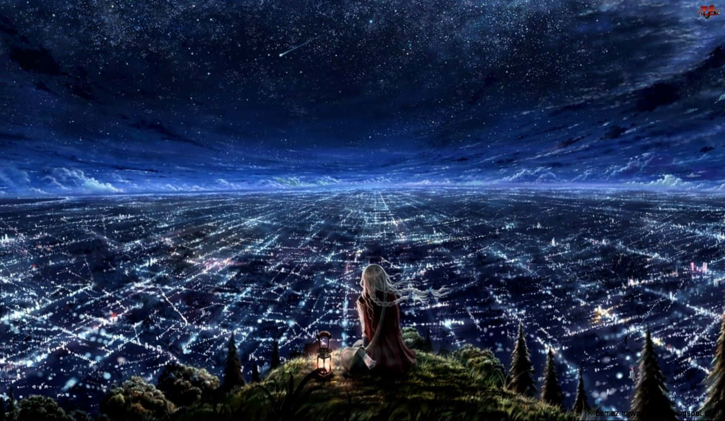 Anime Night City 桌布 壁紙 — 一個孤獨的白髮身影坐在山頂上，俯瞰著在繁星點點的夜空下被無數燈光照亮的廣闊城市。