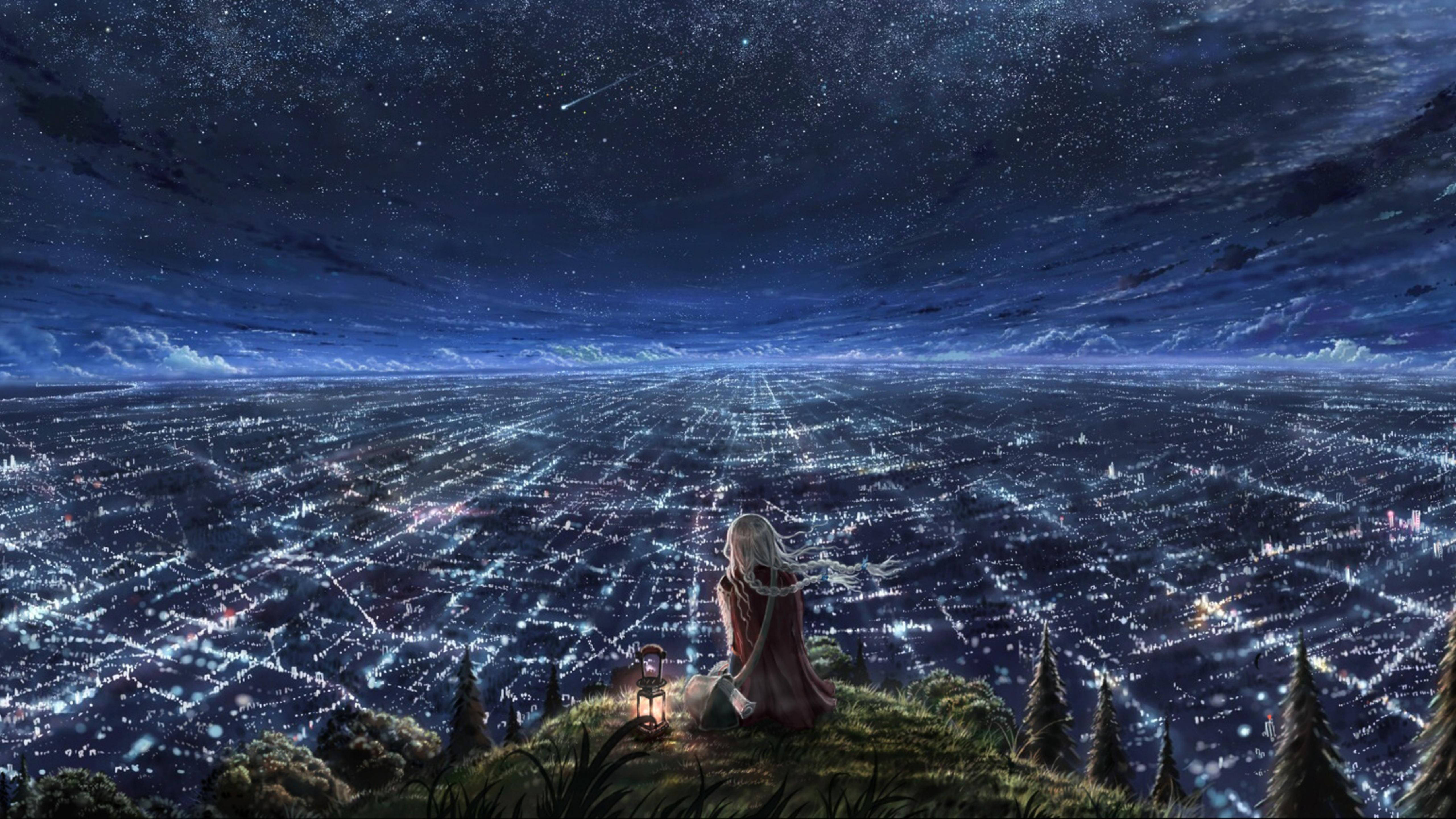 Anime Scenery 4K 桌布 壁紙 — 一個孤獨的白髮身影夜晚坐在山頂上，俯瞰著在星空下被無數閃爍燈光照亮的廣闊城市。