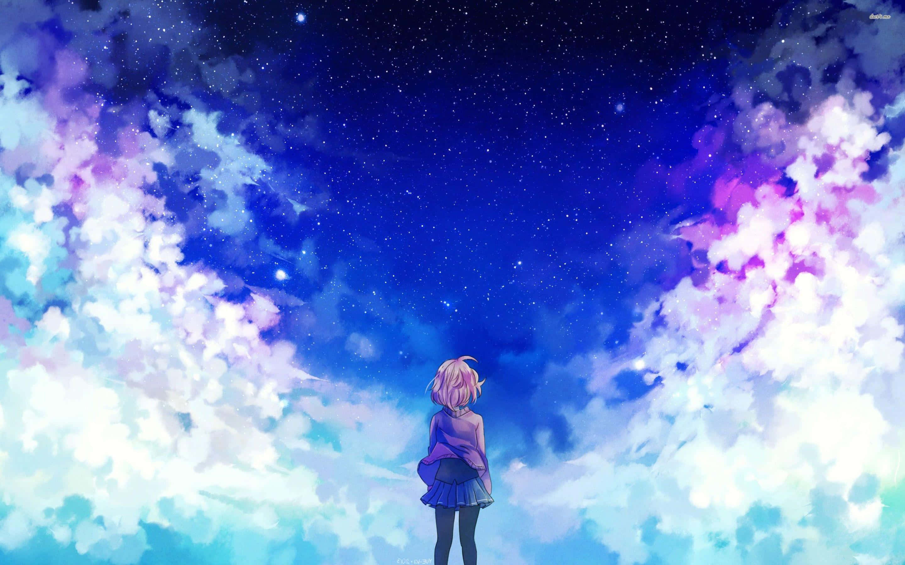 Anime Girl Aesthetic 桌布 壁紙 — 一個孤獨的粉紅色頭髮動漫女孩仰望星空，夜空被旋轉的紫色和藍色雲彩環繞。