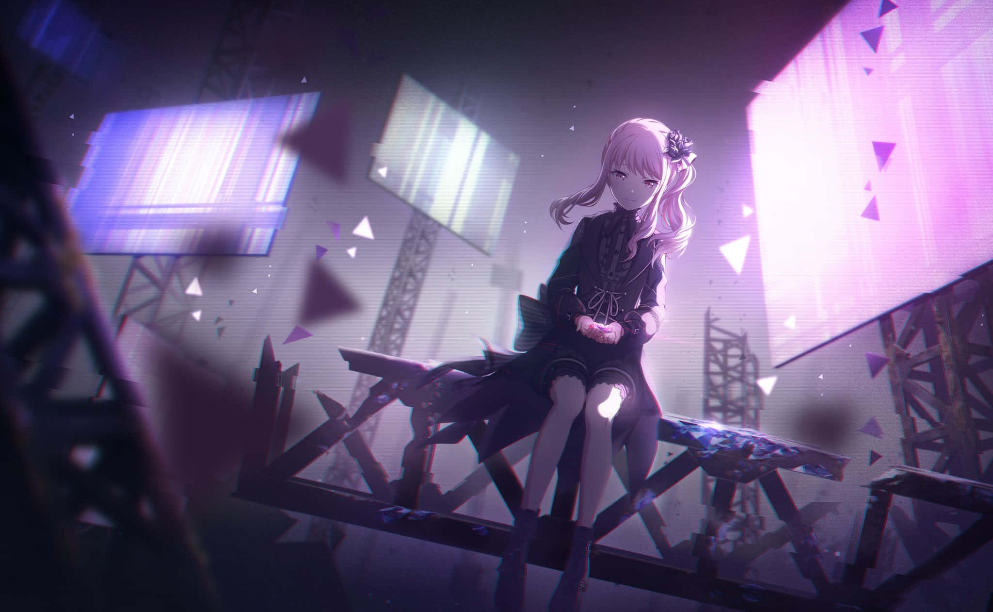 The Project 桌布 壁紙 — 一個孤獨的粉紅色頭髮動漫女孩坐在破爛的長椅上，周圍漂浮著紫色三角形和發光的螢幕，身處賽博朋克廢墟中。