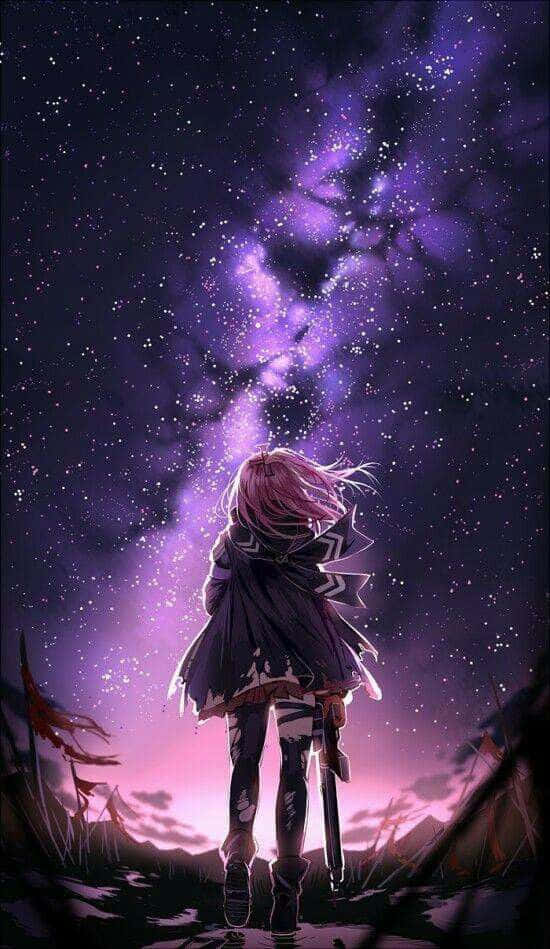 動漫 桌布 壁紙 — 一個孤獨的粉紅色頭髮動漫女孩站在懸崖上，凝視著她上方旋轉的充滿活力的紫色星系。