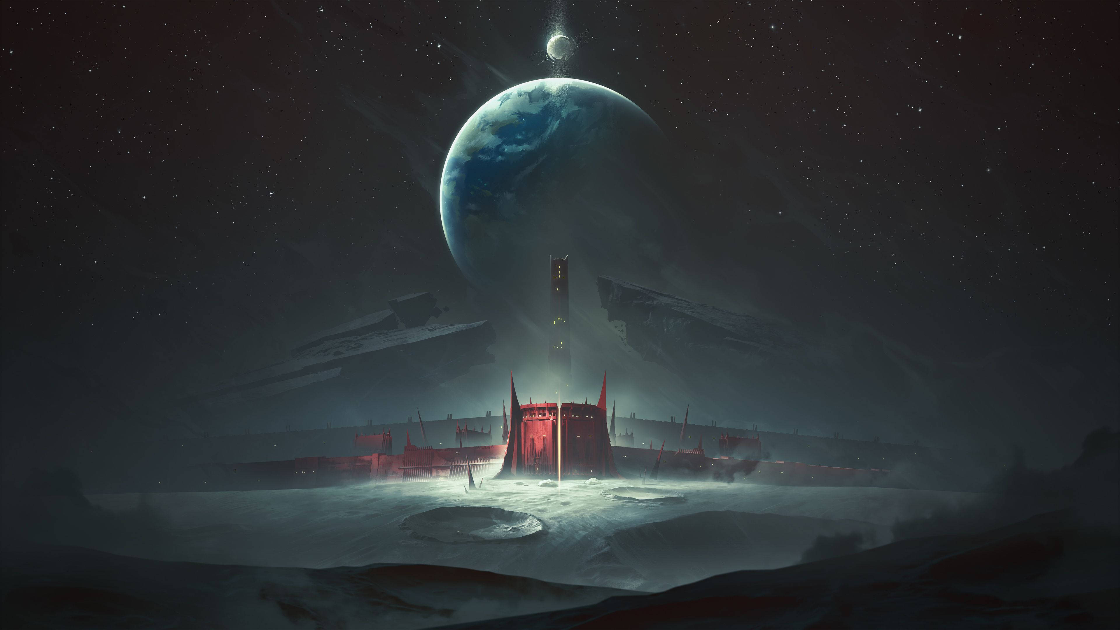 destiny 2 shadowkeep 桌布 壁紙 — 一個孤獨的紅色外星結構矗立在一個雪覆蓋的外星球上，下方是巨大的藍色地球和發光的月亮。