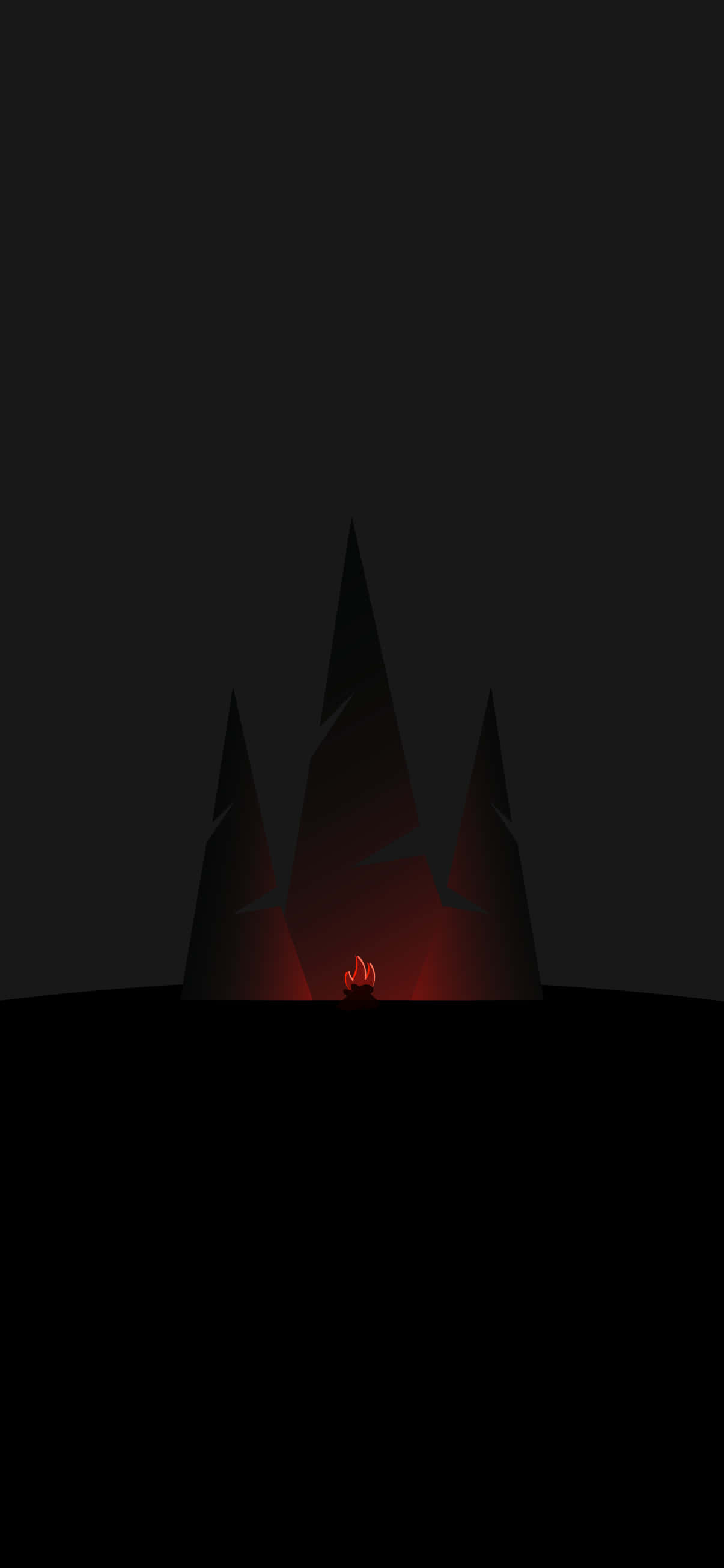 Minimal iPhone 桌布 壁紙 — 一個孤獨的紅色營火在三個黑暗鋸齒狀山峰下發光，背景是黑色虛空。