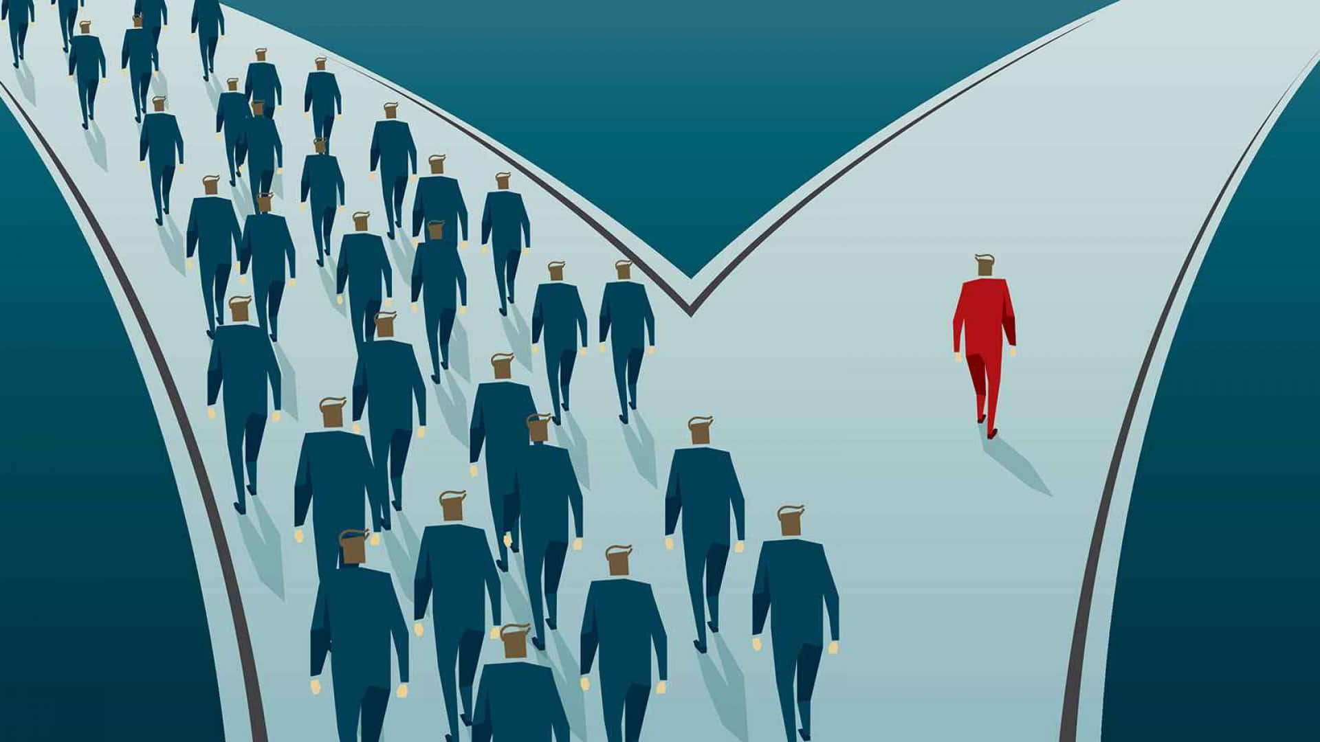 Career 桌布 壁紙 — 一個孤獨的紅色西裝人物沿著一條分叉路徑，遠離一群穿著相同藍色西裝的人群。