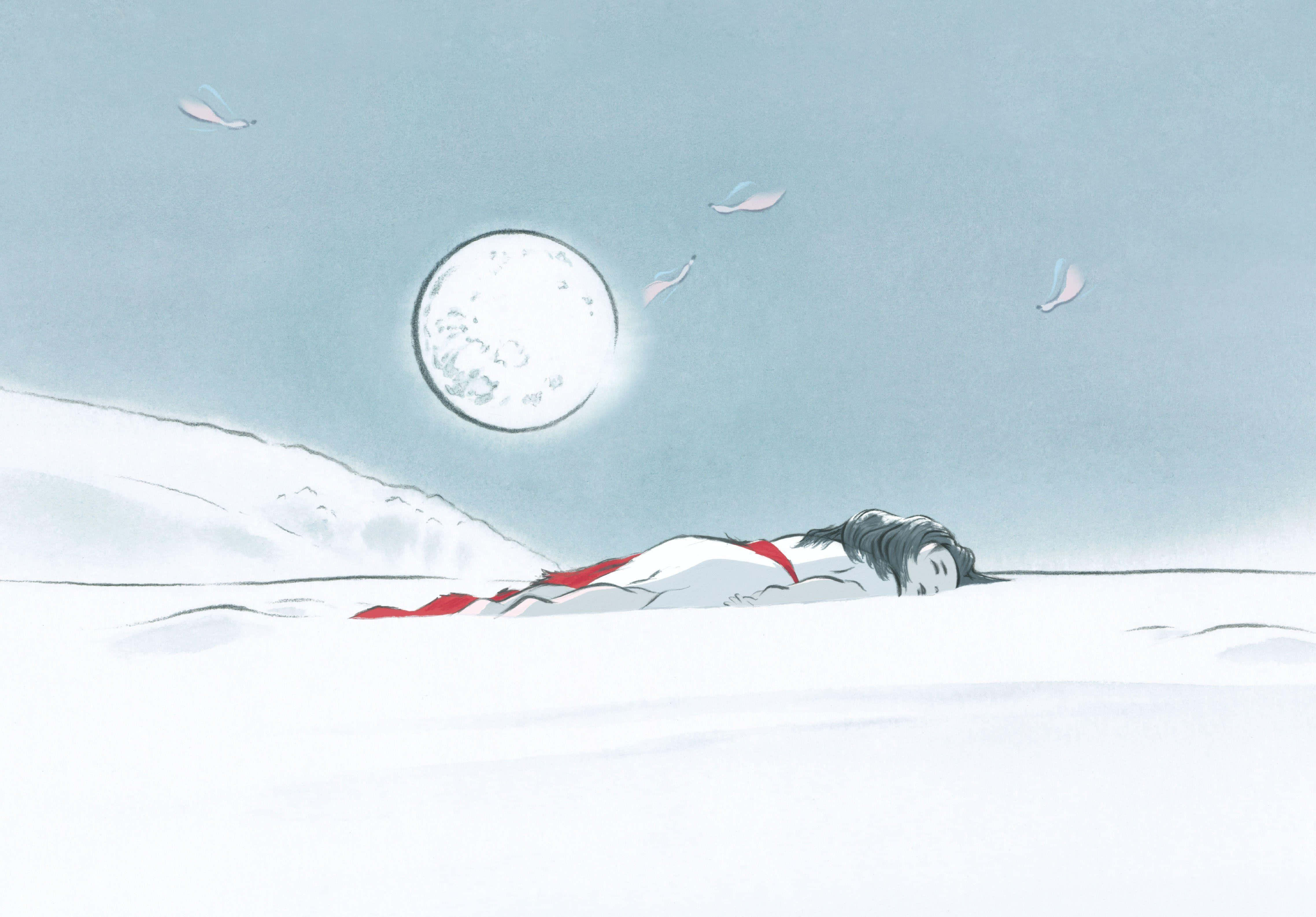 The Tale Of The Princess Kaguya 桌布 壁紙 — 一個孤獨的紅色身影在雪地裡睡著，上方有一輪巨大的月亮，附近有粉紅色的鳥兒飛翔。