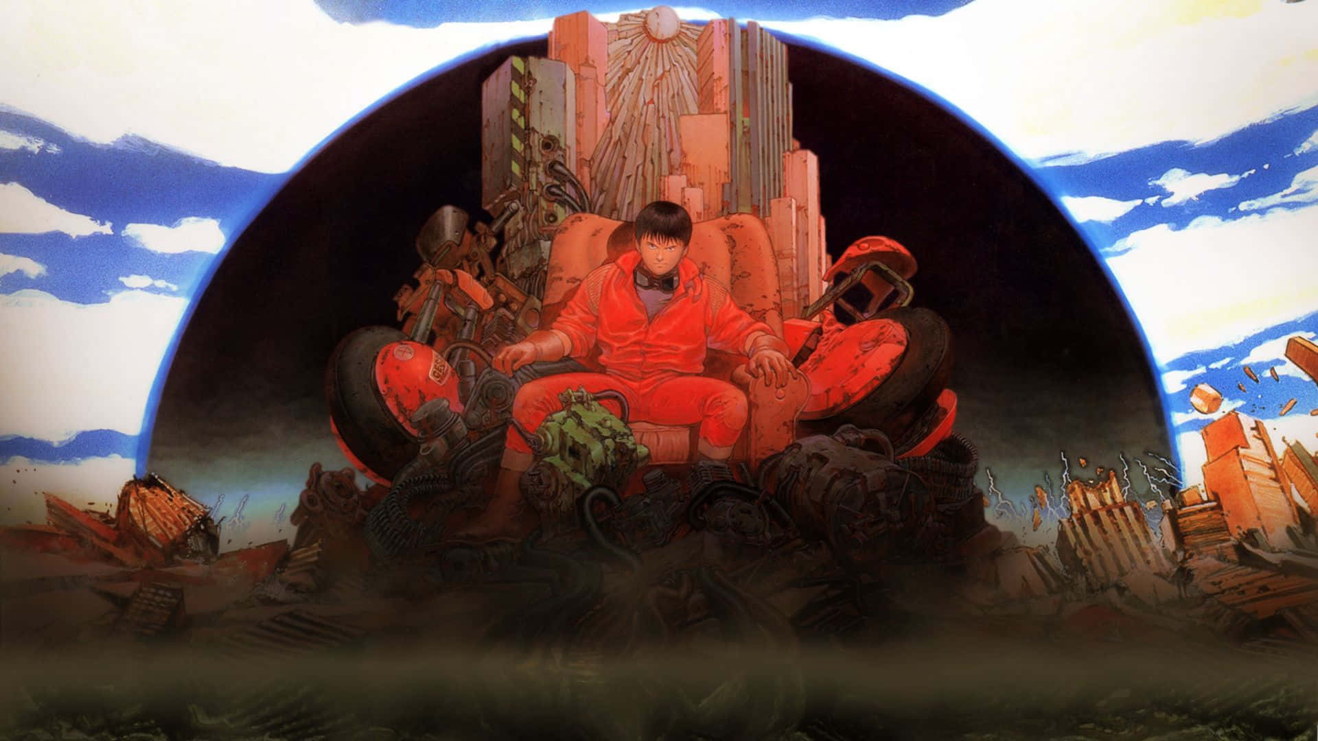 Throne 桌布 壁紙 — 一個孤獨的紅色身影坐在一輛破損的摩托車上，背景是廢墟城市景觀，由一個發光的拱門框住。