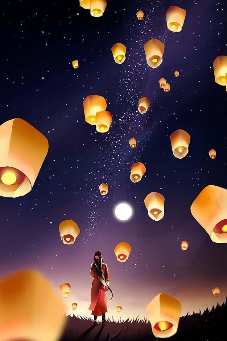 動漫 桌布 壁紙 — 一個孤獨的紅色身影站在山丘上，將發光的天燈釋放到滿月和星空的夜空中。