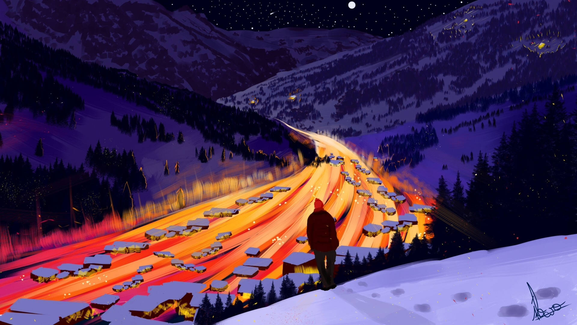 穿著紅色外套的人俯瞰白雪覆蓋的山脈中發光的冬季高速公路，星空下