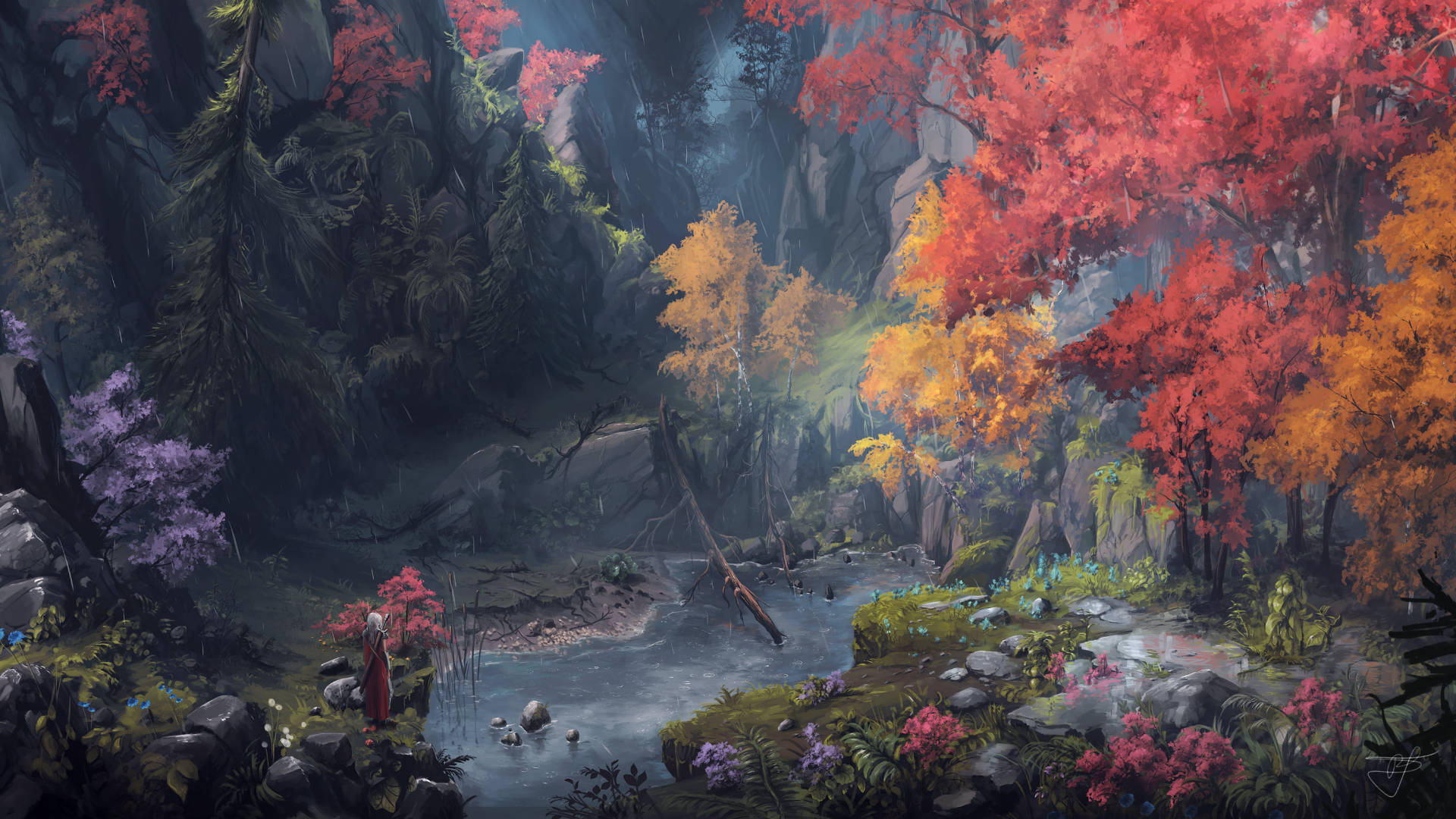 Illustration 桌布 壁紙 — 一個孤獨的紅色身影站在霧氣瀰漫的小溪旁，周圍是充滿活力的秋日森林，樹葉呈現火紅、橙色和紫色。