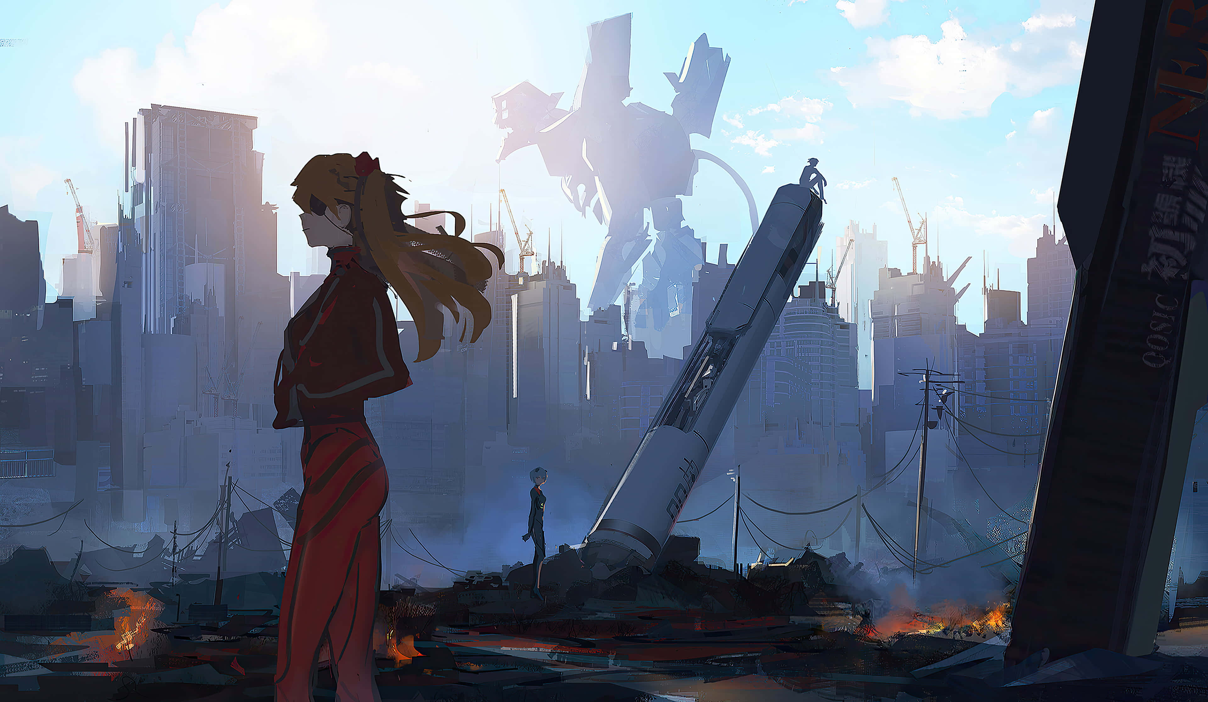 evangelion 4K 桌布 壁紙 — 一個孤獨的紅衣女孩站在廢墟城市中，而一個巨大的機甲在朦朧的天空中若隱若現。