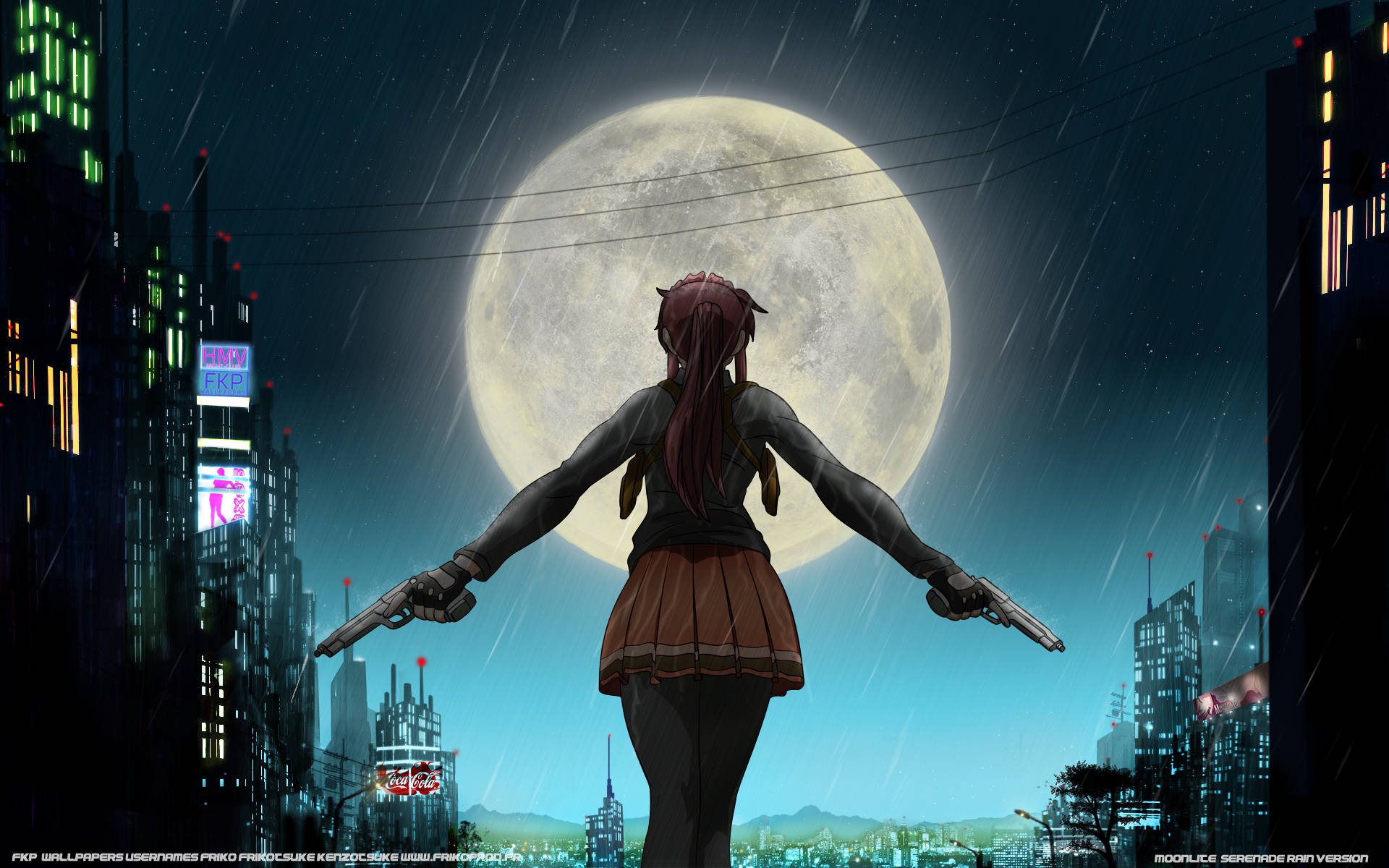 revy 桌布 壁紙 — 一個孤獨的紅髮動漫女孩站在巨型月亮背光下，在雨中的霓虹城市景觀中手持兩把手槍。