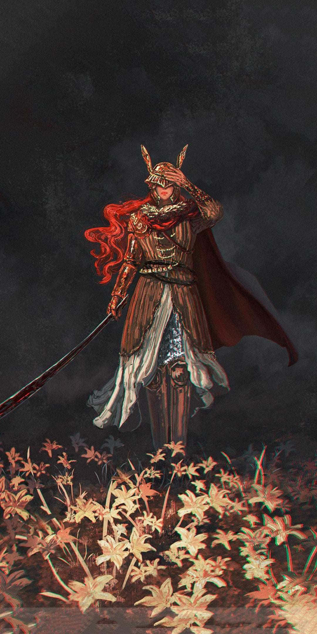 艾爾登法環 桌布 壁紙 — 一個孤獨的紅髮披風裝甲戰士，站在黑暗天空下閃爍的秋花之中。
