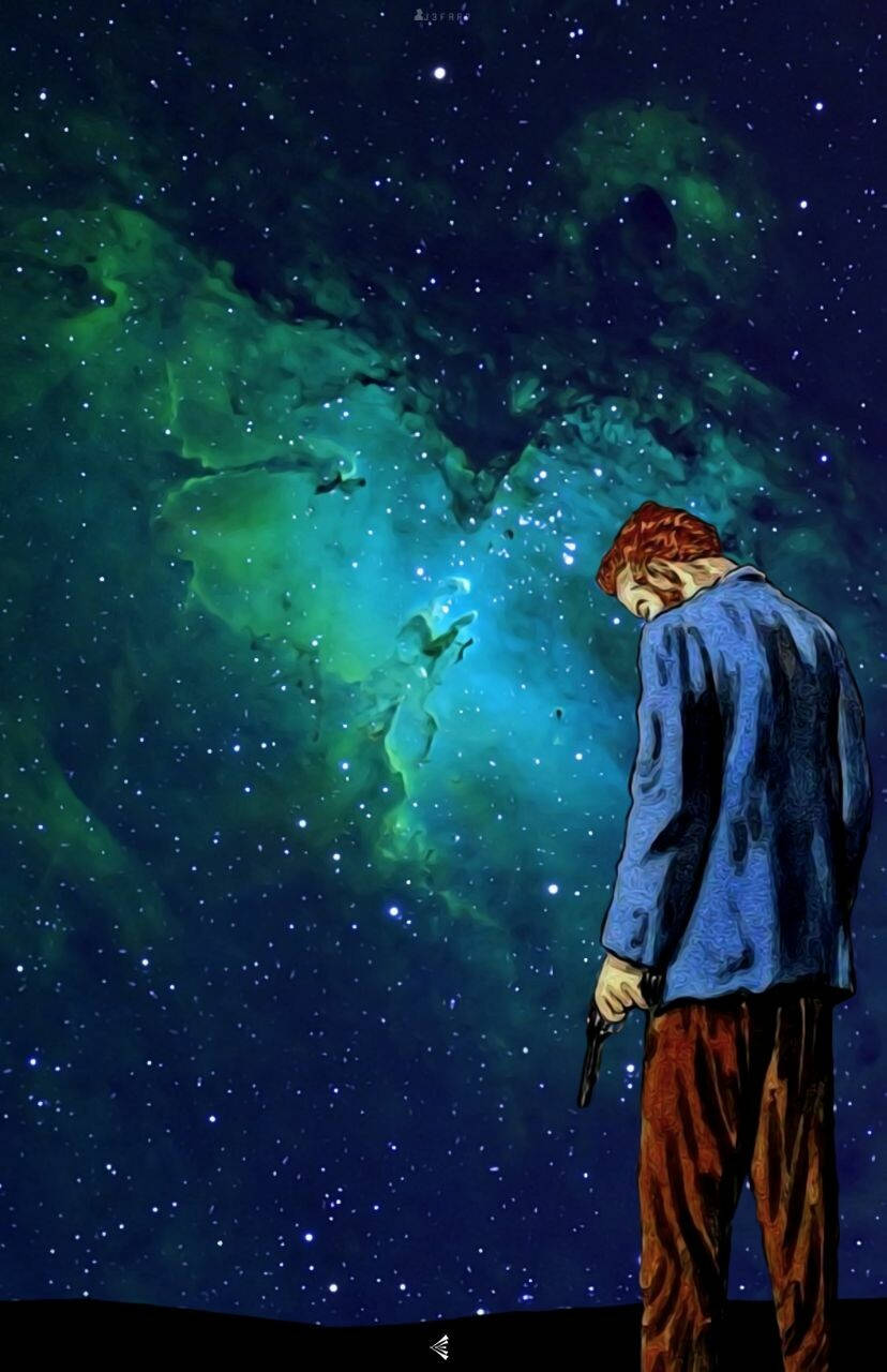Vincent 桌布 壁紙 — 一個孤獨的紅髮男人穿著藍色外套站在黑暗的平原上，仰望充滿星星的鮮綠色和藍色星雲。