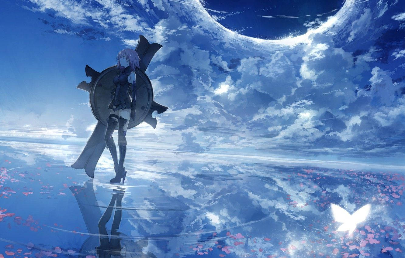 Fate/Grand Order 桌布 壁紙 — 一個孤獨的紫發動漫女孩站在反射表面上，廣闊的藍天佈滿雲朵和漂浮的粉紅色花瓣。