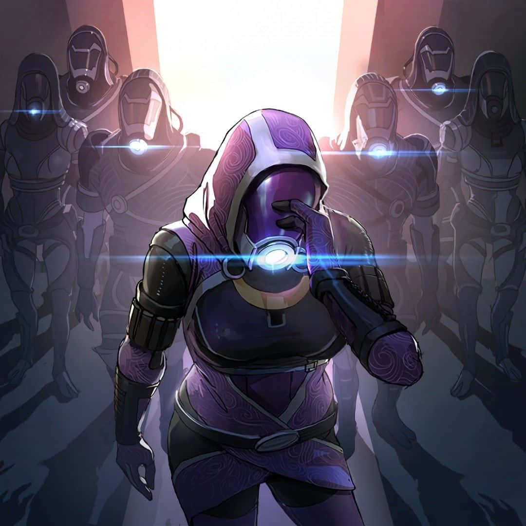 Tali'zorah 桌布 壁紙 — 一個孤獨的紫色和黑色裝甲人物站在發光的光前，戴著面具的追隨者以陰影隊形排列。