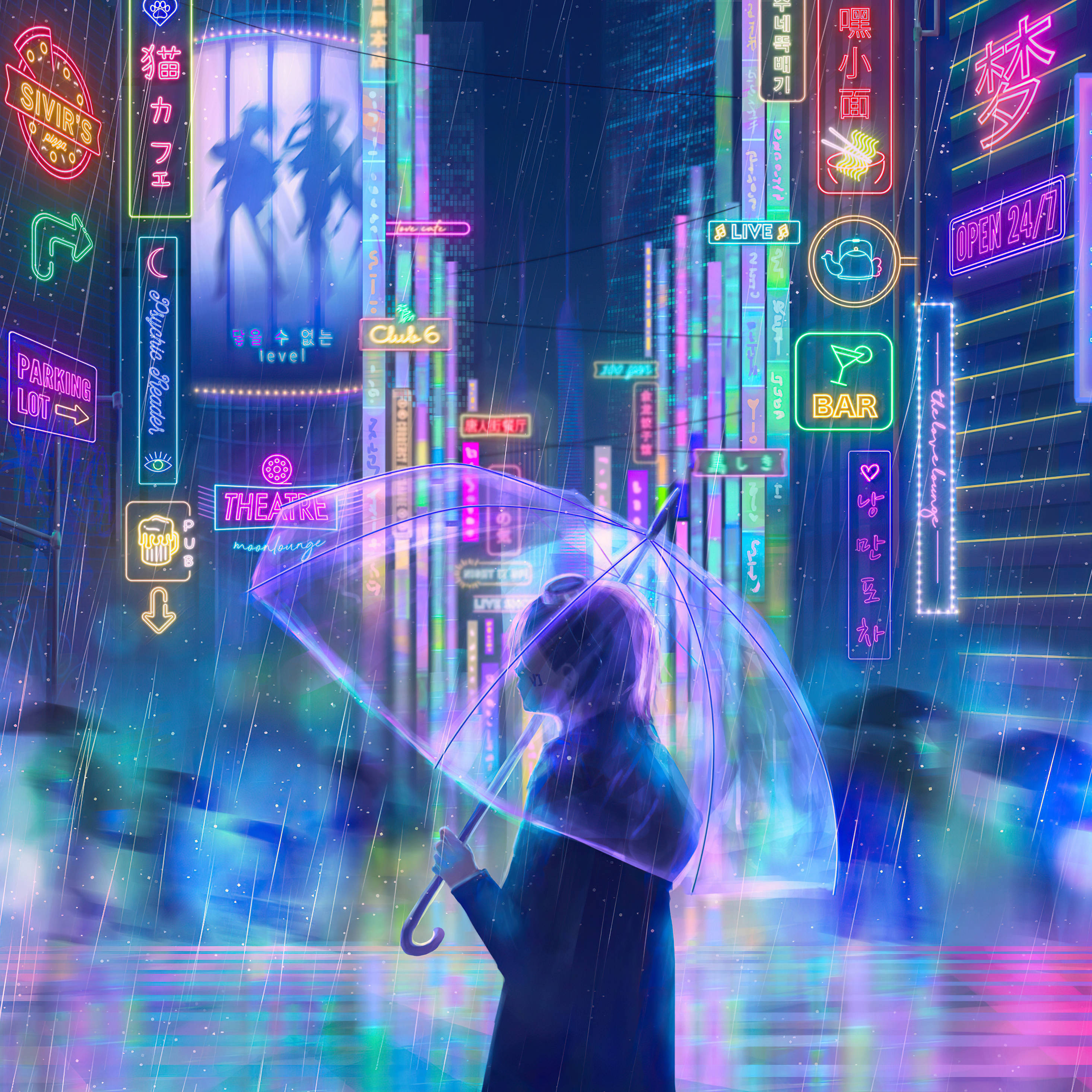 動漫男孩 桌布 壁紙 — 一個孤獨的紫色頭髮人物在霓虹雨中撐著發光的雨傘，身處賽博龐克城市景觀。