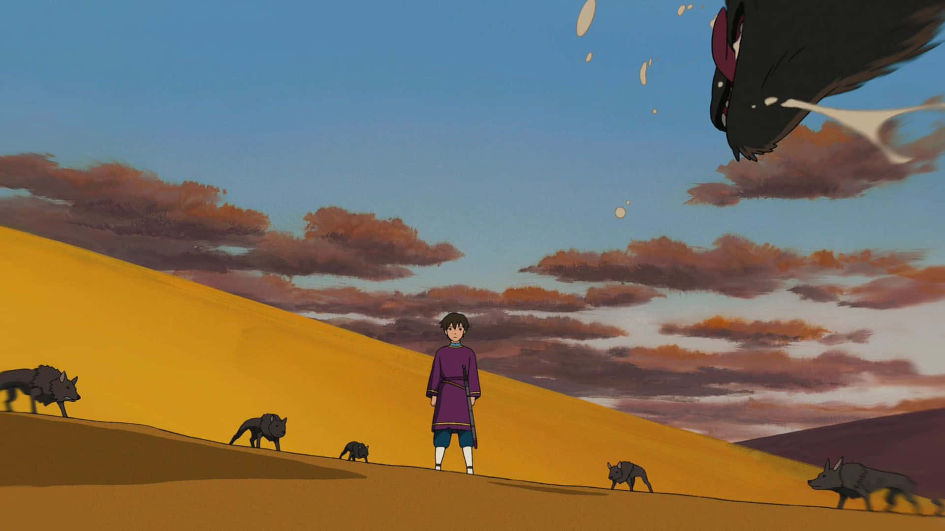 Tales From Earthsea 桌布 壁紙 — 一個孤獨的紫衣男孩站在金色沙丘上，黑暗的狼群逼近，一隻巨鳥在暮色天空中翱翔。