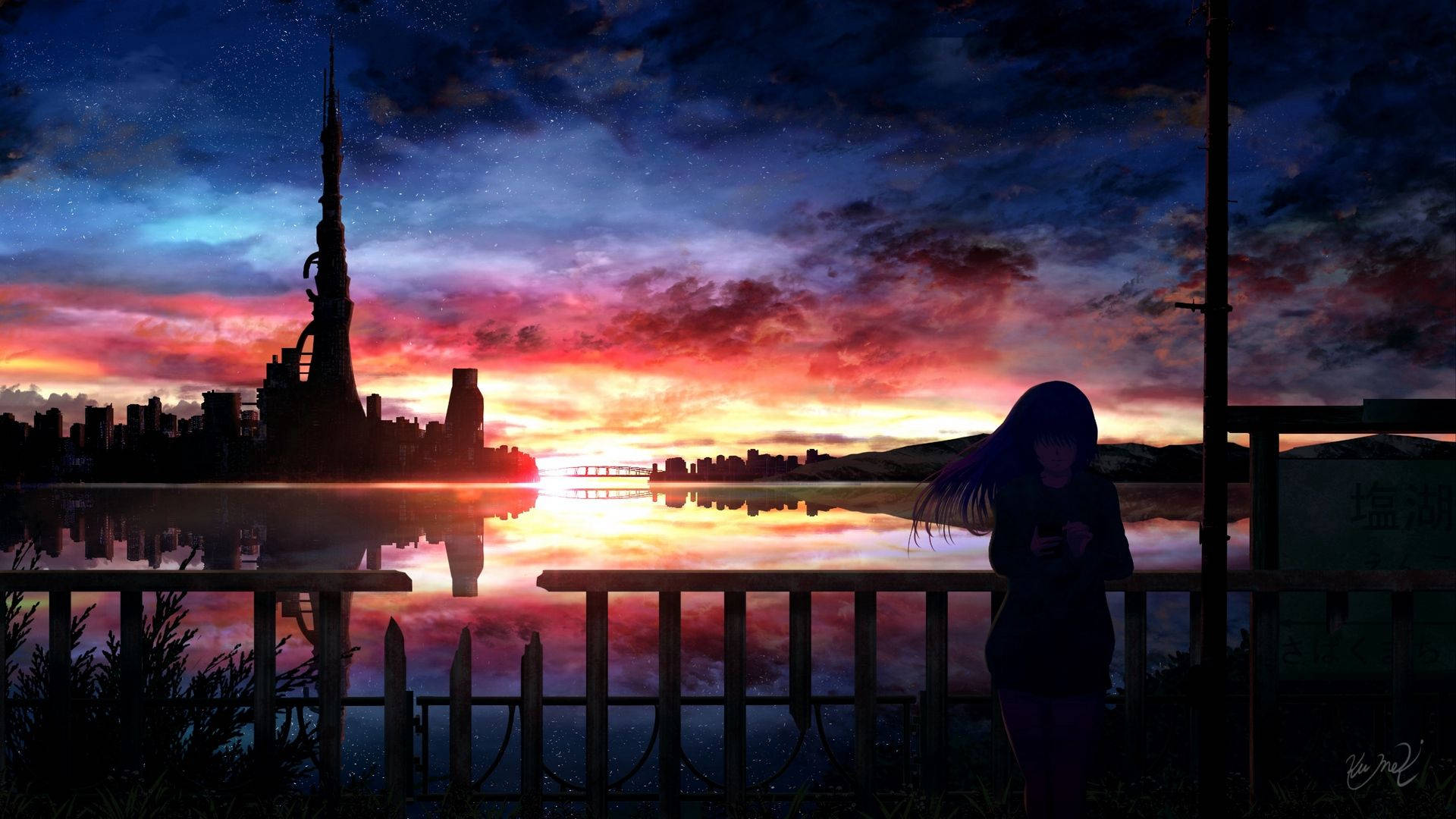 夜空 桌布 壁紙 — 一個孤獨的紫髮動漫女孩站在欄杆旁，看著水中倒映的未來城市景觀上 vibrant 的日落。