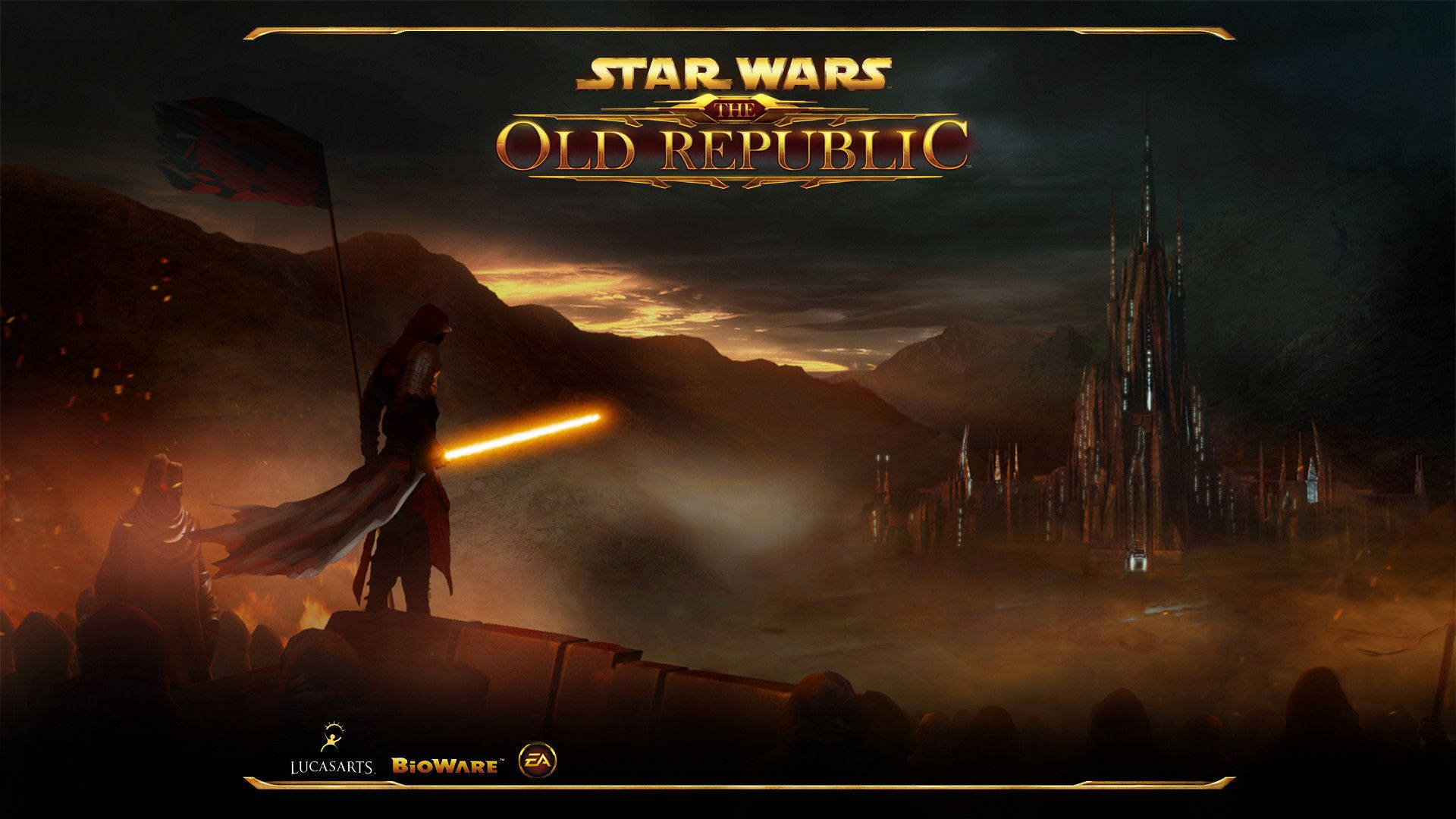Swtor 桌布 壁紙 — 一個孤獨的絕地武士手持發光的橙色光劍，站在懸崖頂上，俯瞰著日落時分的遙遠城市。