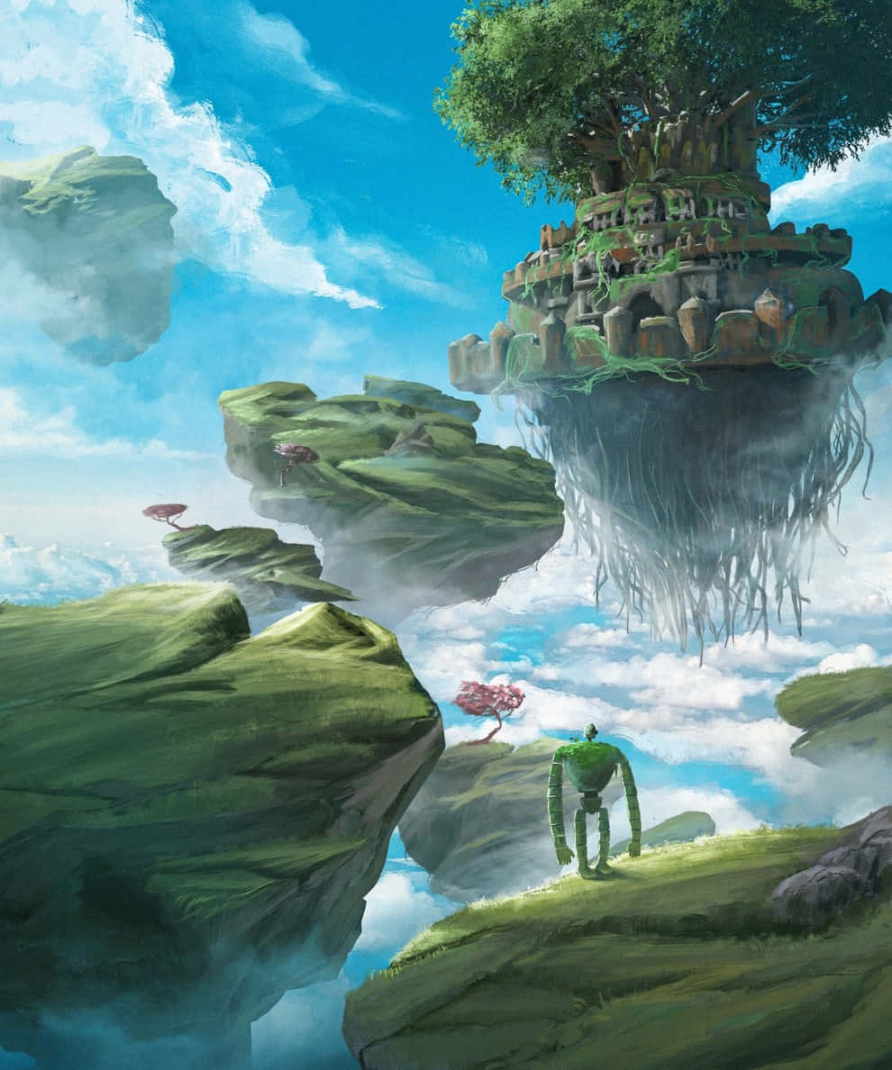 Castle In The Sky 桌布 壁紙 — 一個孤獨的綠色機器人站在浮島上，仰望懸浮在明亮藍天中的巨大樹根城堡。