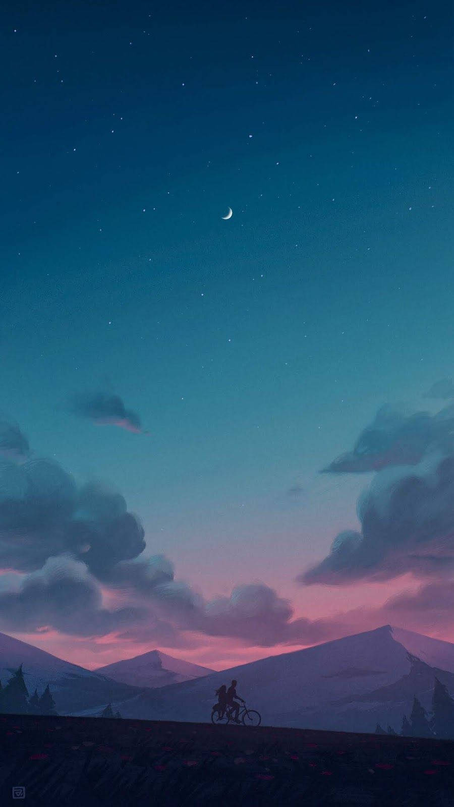 Calm Aesthetic 桌布 壁紙 — 一個孤獨的自行車騎士在暮色中騎著自行車越過山丘，天空繁星點點，有一彎新月。