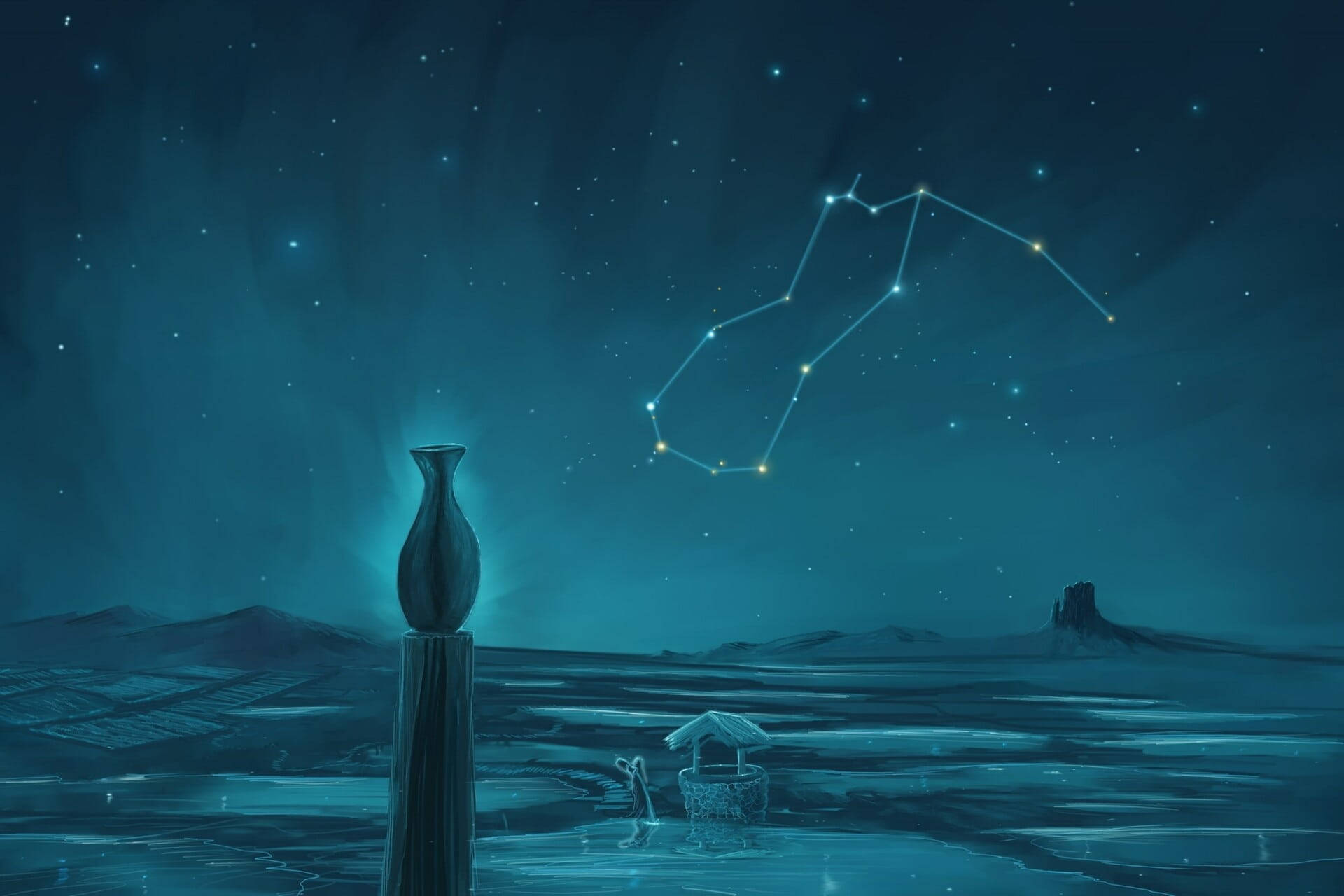 發光星座下，夜晚沙漠中的一個花瓶。 — 星座 GIF 壁紙