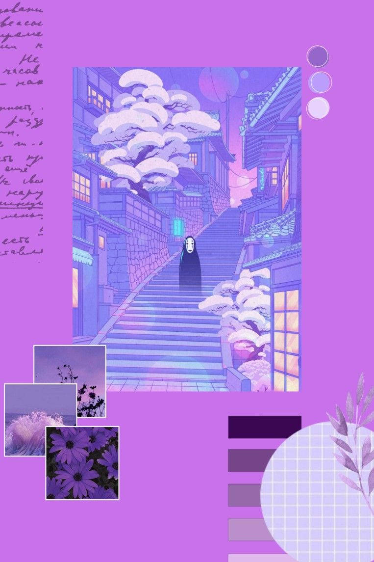 Kawaii Purple 桌布 壁紙 — 一個孤獨的蒙面人物在黃昏時分，穿過一個夢幻般、覆蓋著雪的日本村莊，走上發光的紫色樓梯。