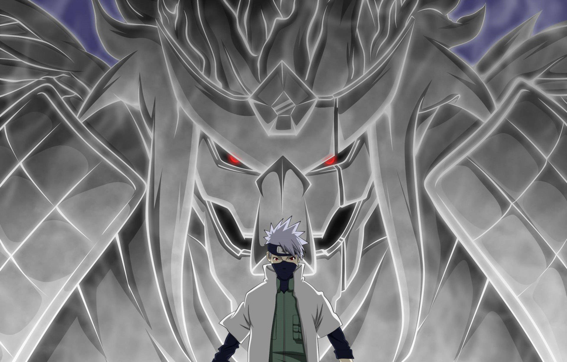 kakashi pfp 桌布 壁紙 — 一個孤獨的蒙面忍者挑釁地站在一隻巨大的發光銀龍面前，牠有著銳利的紅眼睛。