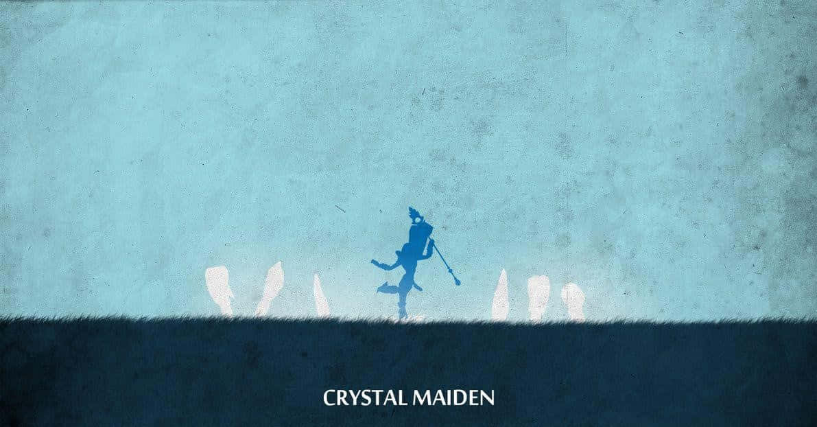 Crystal Maiden 桌布 壁紙 — 一個孤獨的藍色水晶室女剪影站在黑暗的地平線上，背景是帶有紋理的青綠色天空，下方有白色水晶狀的形狀。