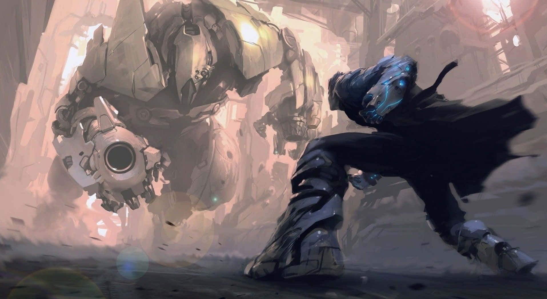 Game Art 桌布 壁紙 — 一個孤獨的藍色發光裝甲戰士在塵土飛揚的廢墟城市景觀中衝向一個巨大的機械巨人。
