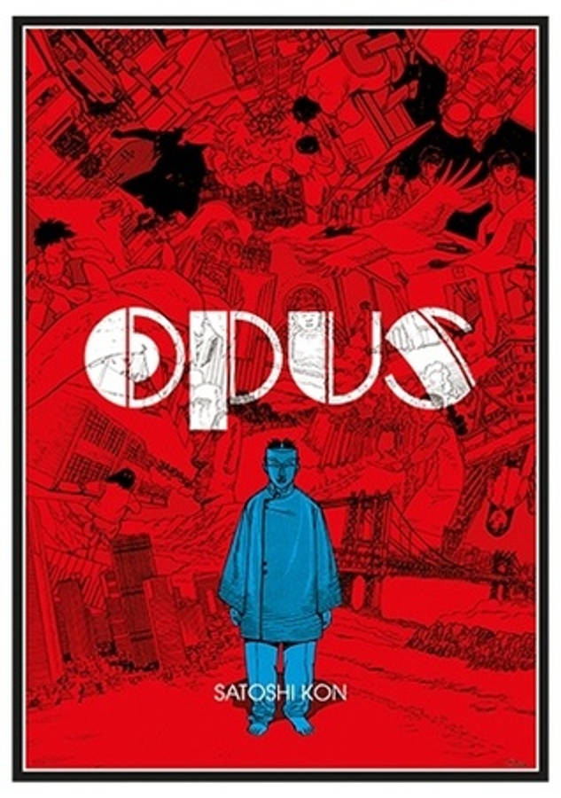 satoshi kon 桌布 壁紙 — 一個孤獨的藍色西裝人物站在混亂的紅色背景中央，背景充滿黑色墨水飛濺和素描風格的城市元素。