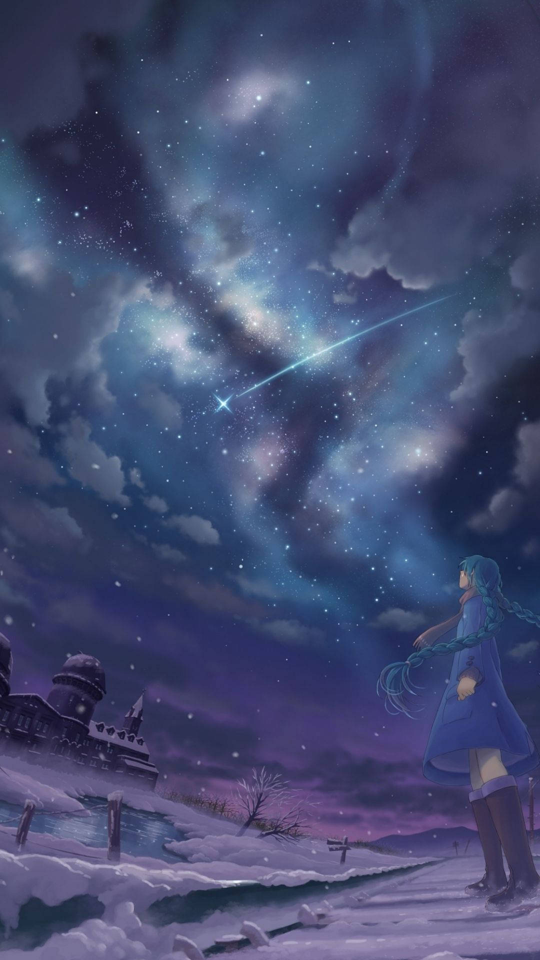 Stars 桌布 壁紙 — 一個孤獨的藍髮動漫女孩仰望充滿活力的星空，夜空中有宇宙雲和流星劃過，下方是雪景。