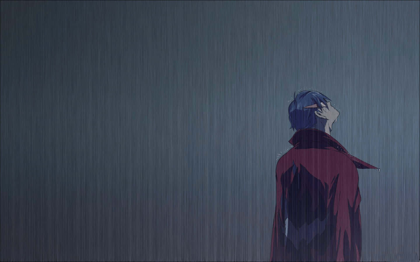 Animated 桌布 壁紙 — 一個孤獨的藍髮動漫角色穿著紅色外套站在大雨中，抬頭仰望，營造出憂鬱的氛圍。