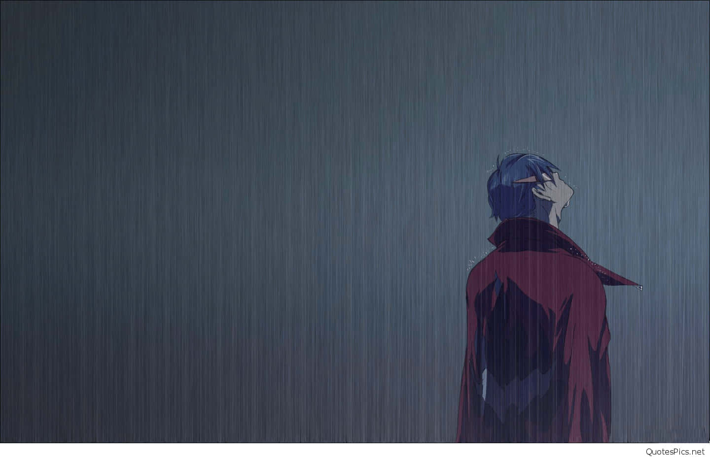 Sad Crying Anime 桌布 壁紙 — 一個孤獨的藍髮動漫角色站在傾盆大雨中，穿著紅色外套，舉起手遮擋雨水。