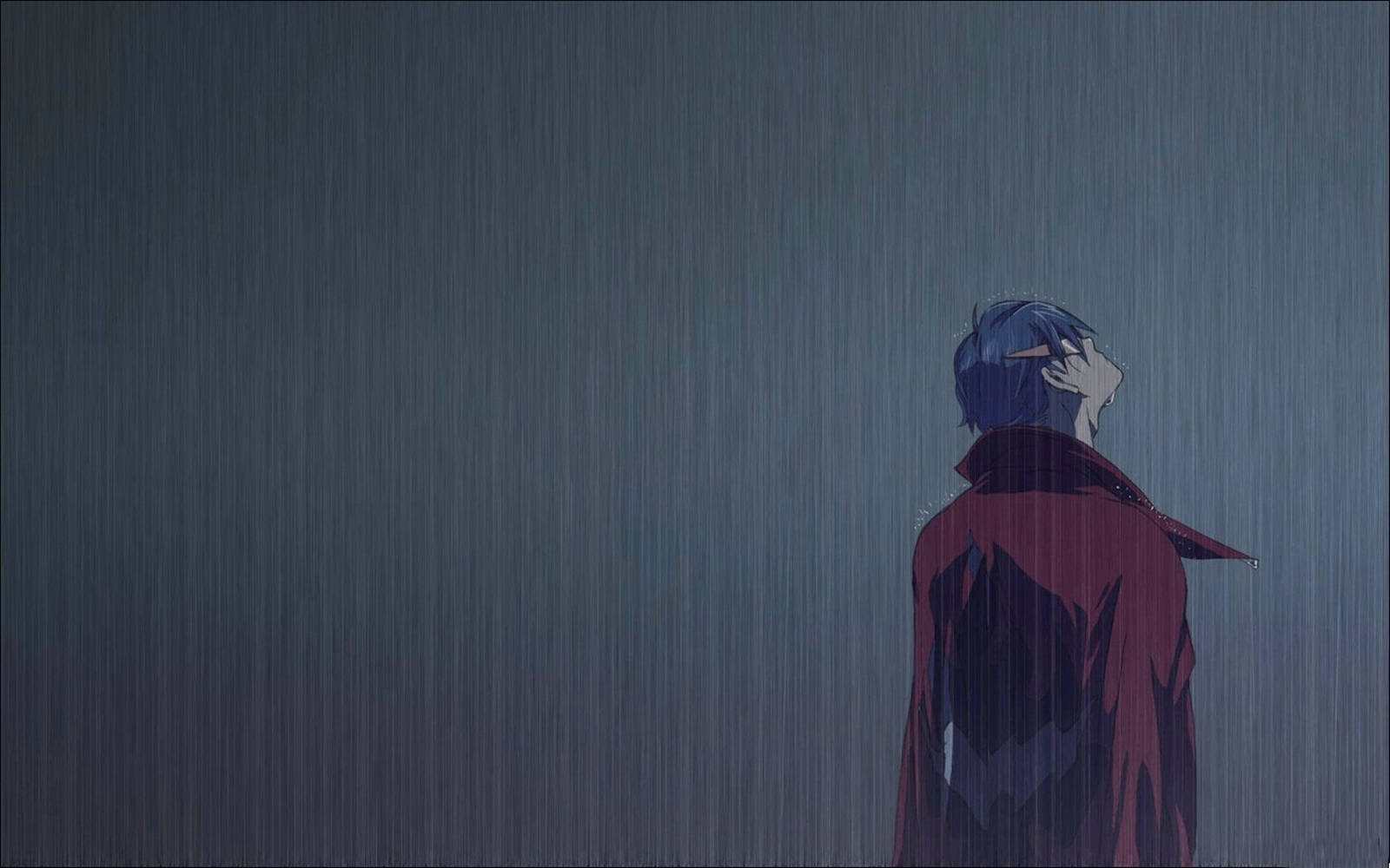 動漫男孩 桌布 壁紙 — 一個孤獨的藍髮動漫角色站在傾盆大雨中，穿著紅色外套，在灰色背景下向上仰望。