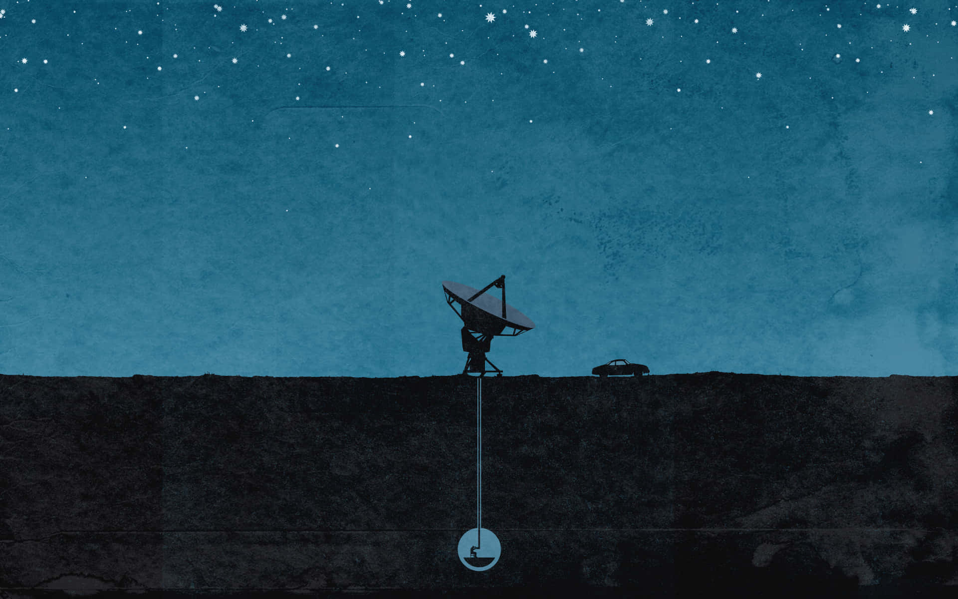 Satellite 桌布 壁紙 — 一個孤獨的衛星天線和汽車剪影站在黑暗的懸崖上，在繁星點點的藍綠色夜空下。