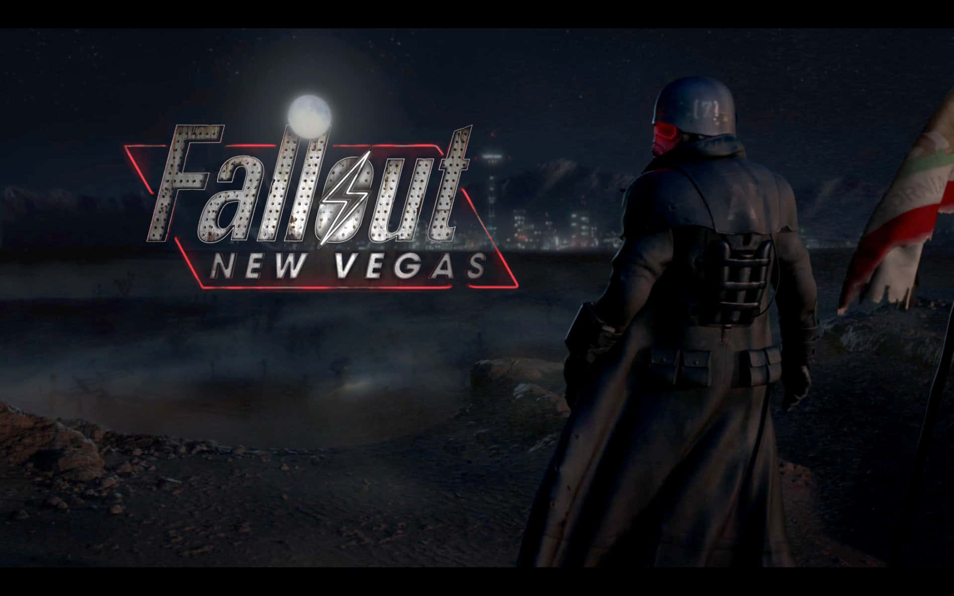 Fallout Nv 桌布 壁紙 — 一個孤獨的裝甲人物在夜晚站立，凝視著發光的 Fallout New Vegas 標誌，背景是廢墟沙漠天際線。