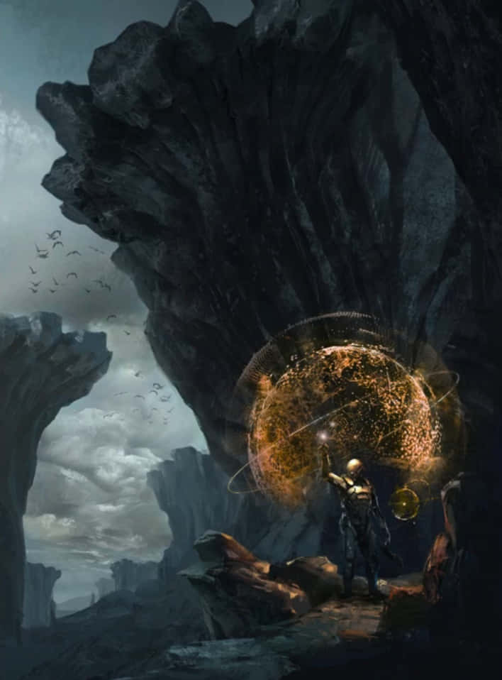 The Citadel 桌布 壁紙 — 一個孤獨的裝甲人物站在一個廣闊黑暗的峽谷中，面前是一個發光的金色球體，鳥兒在頭頂飛翔。