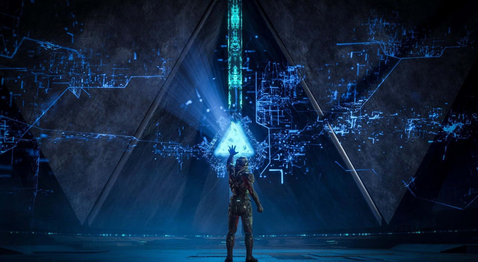 Mass Effect Andromeda 桌布 壁紙 — 一個孤獨的裝甲人物站在一個懸浮在黑暗幾何房間中的發光藍色三角形能量核心前，充滿敬畏。